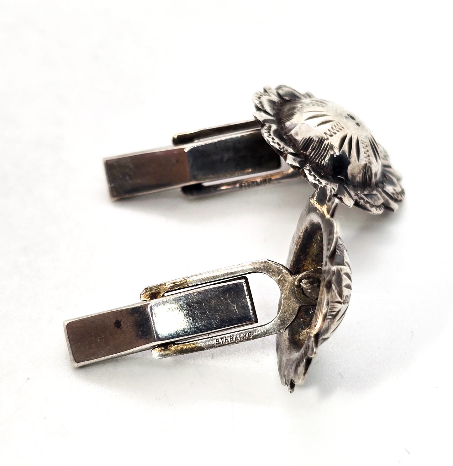 Mexican domed concho eagle mark Taxco retro vintage sterling silver cufflinks Flemming