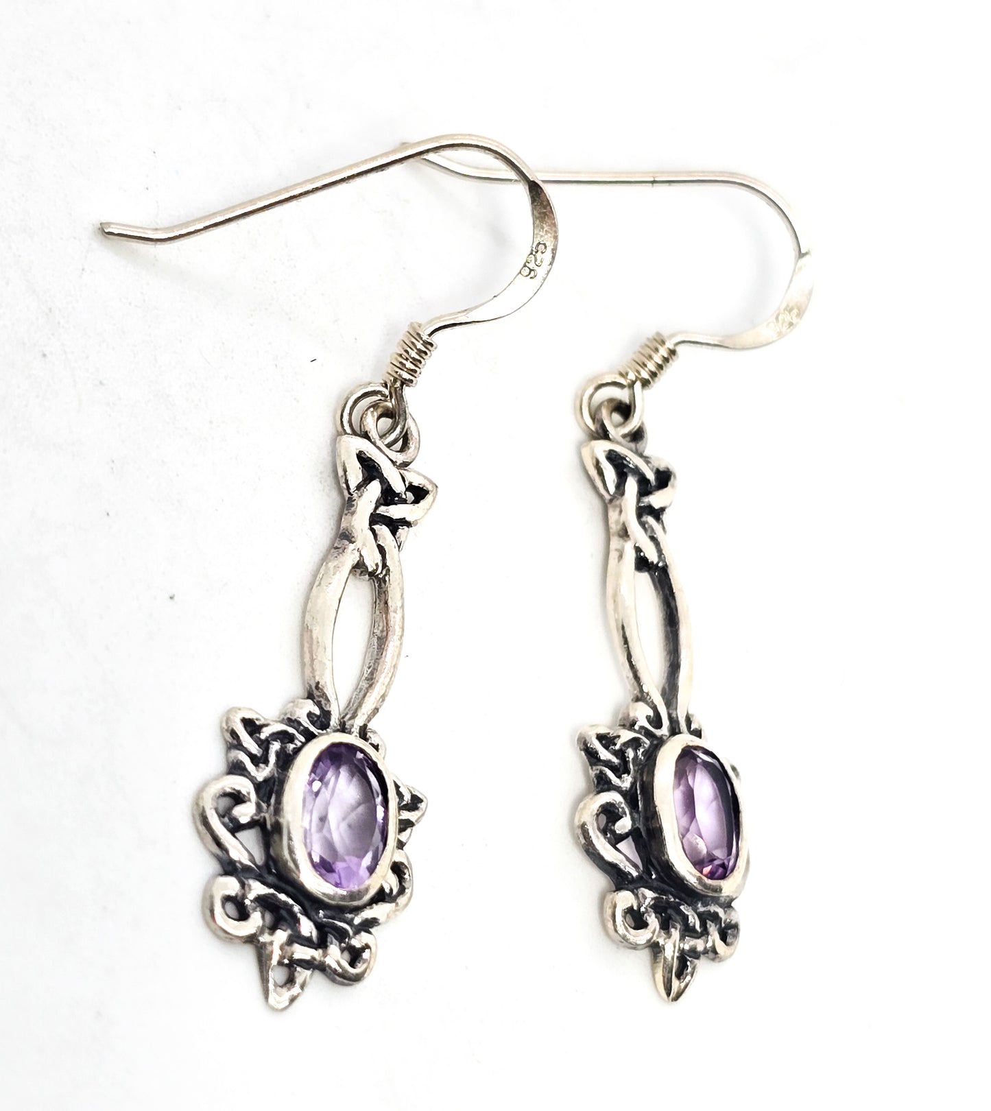 Amethyst purple Celtic knot gemstone sterling silver tribal drop earrings