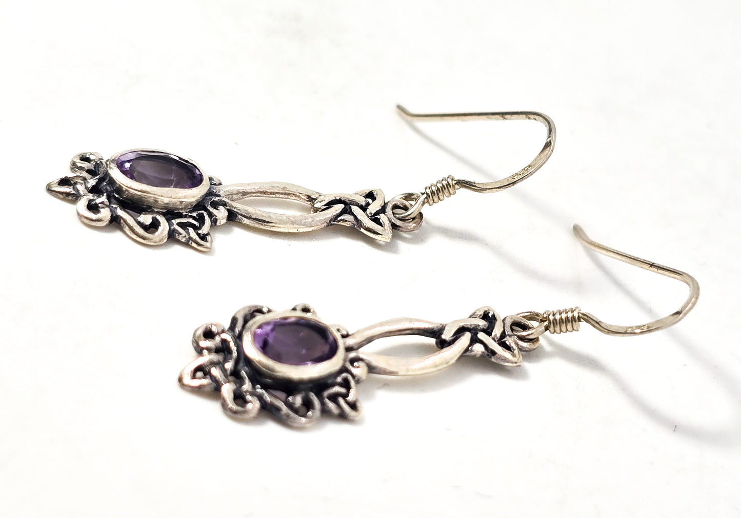 Amethyst purple Celtic knot gemstone sterling silver tribal drop earrings
