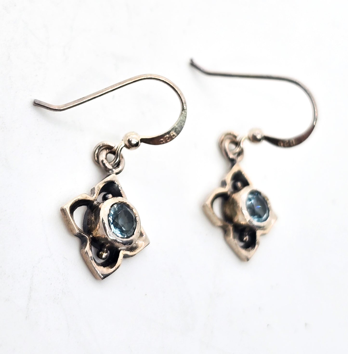 Synthetic blue topaz filigree sterling silver drop vintage earrings 925