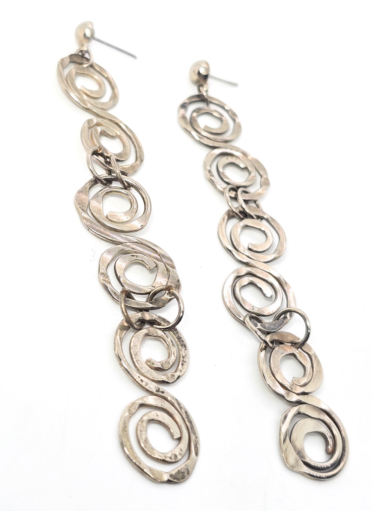 Extra long whimsy swirl artisan hammered silver plated vintage drop earrings 4 inches