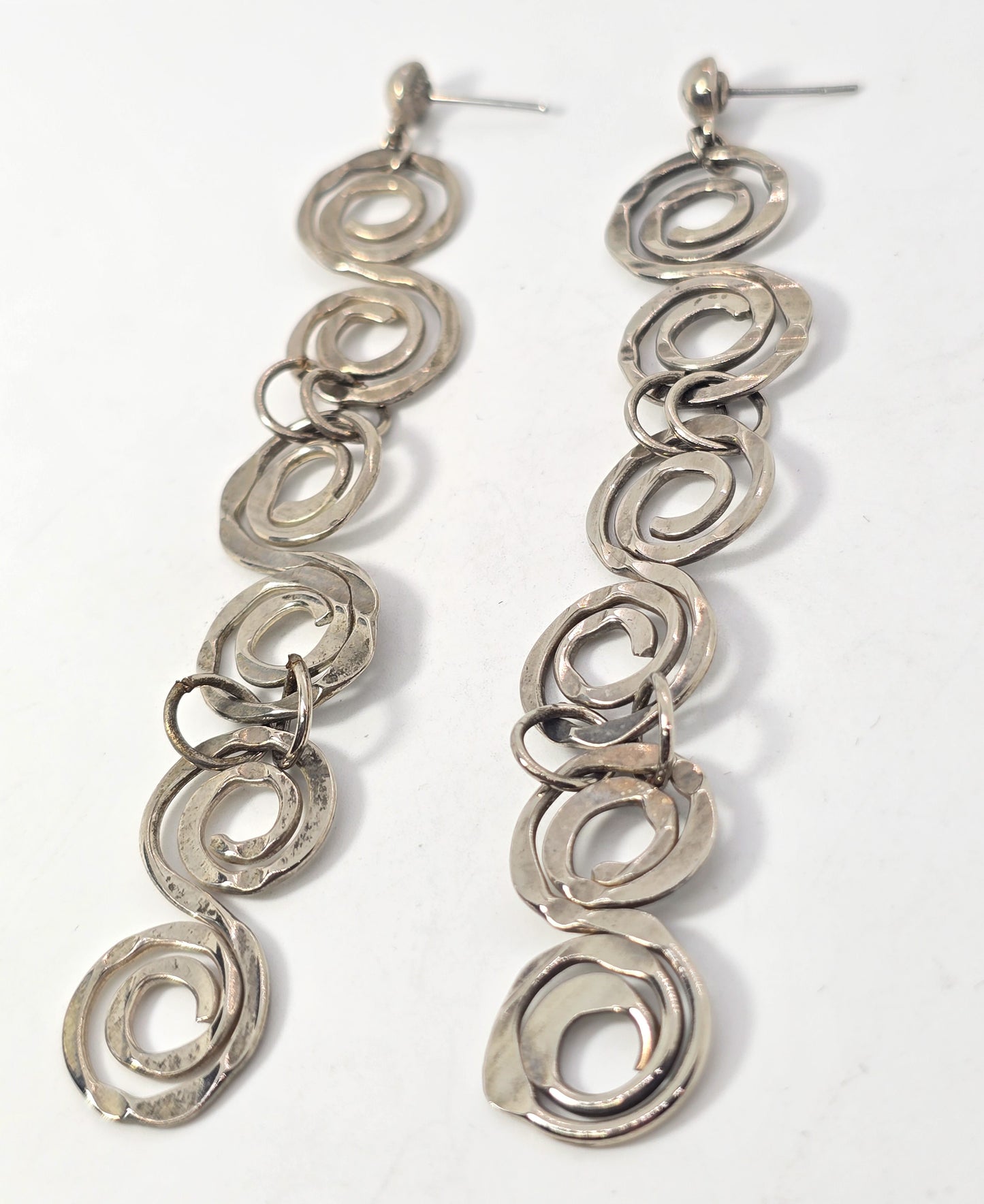 Extra long whimsy swirl artisan hammered silver plated vintage drop earrings 4 inches