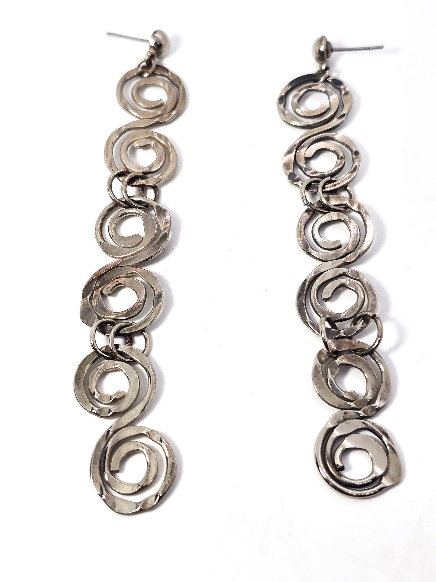 Extra long whimsy swirl artisan hammered silver plated vintage drop earrings 4 inches