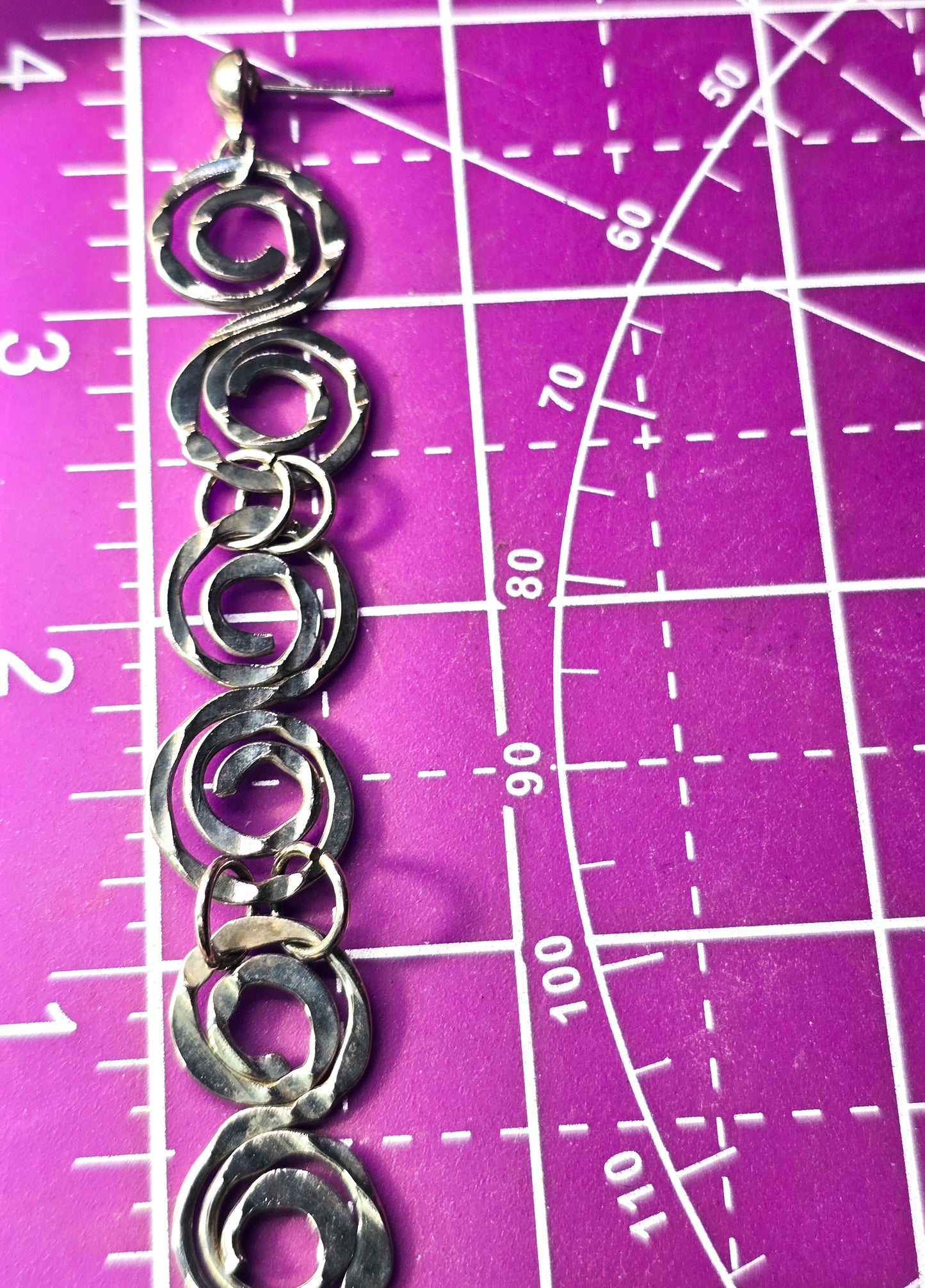 Extra long whimsy swirl artisan hammered silver plated vintage drop earrings 4 inches
