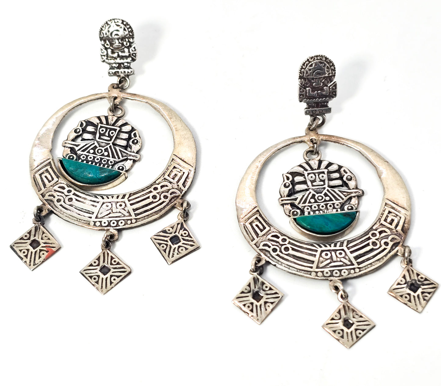 Chrysocolla Peru vintage tribal Inca sterling silver large vintage earrings