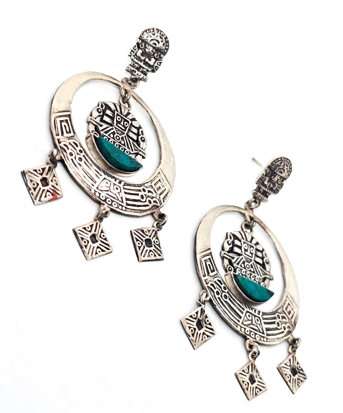 Chrysocolla Peru vintage tribal Inca sterling silver large vintage earrings