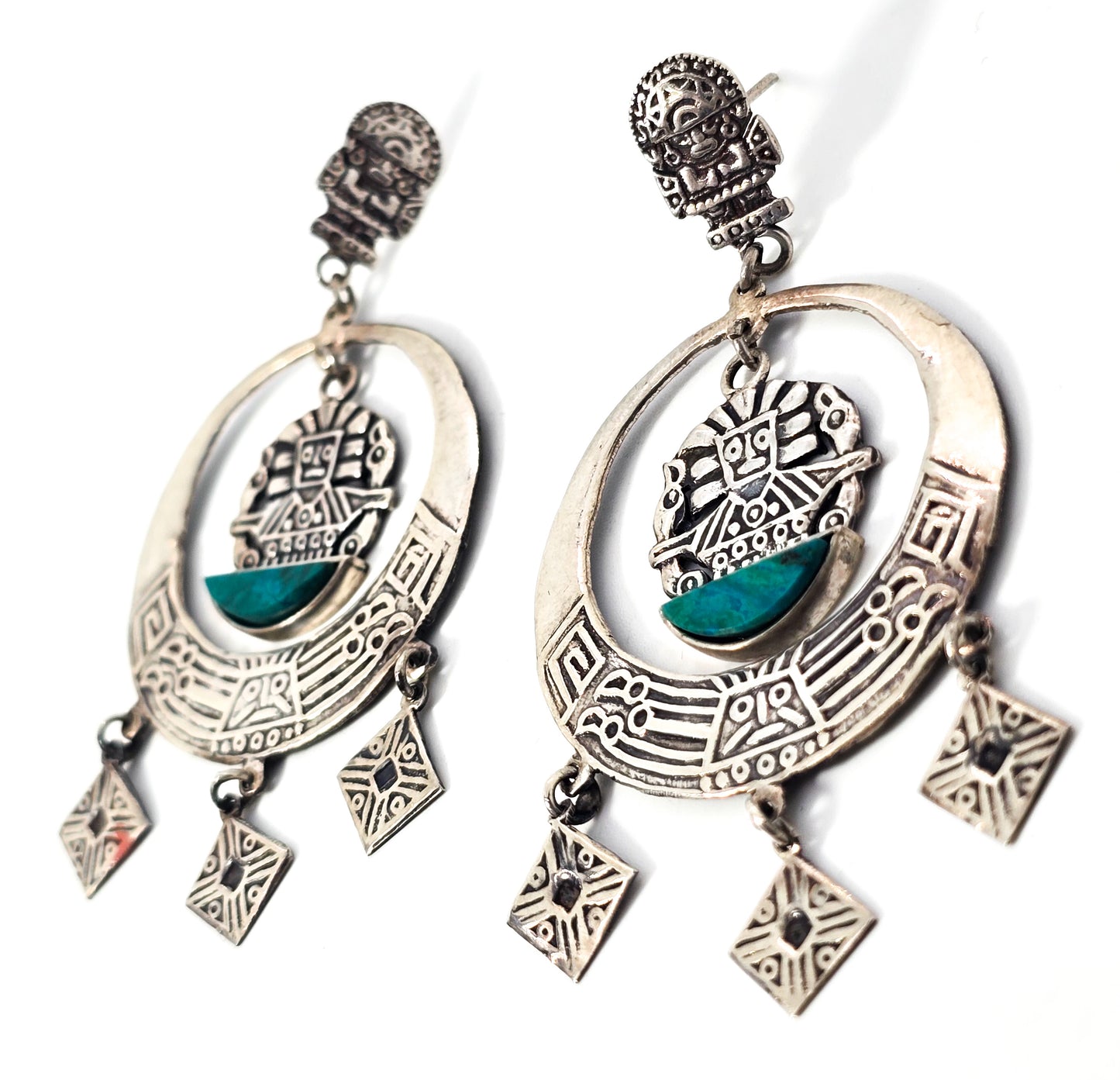 Chrysocolla Peru vintage tribal Inca sterling silver large vintage earrings