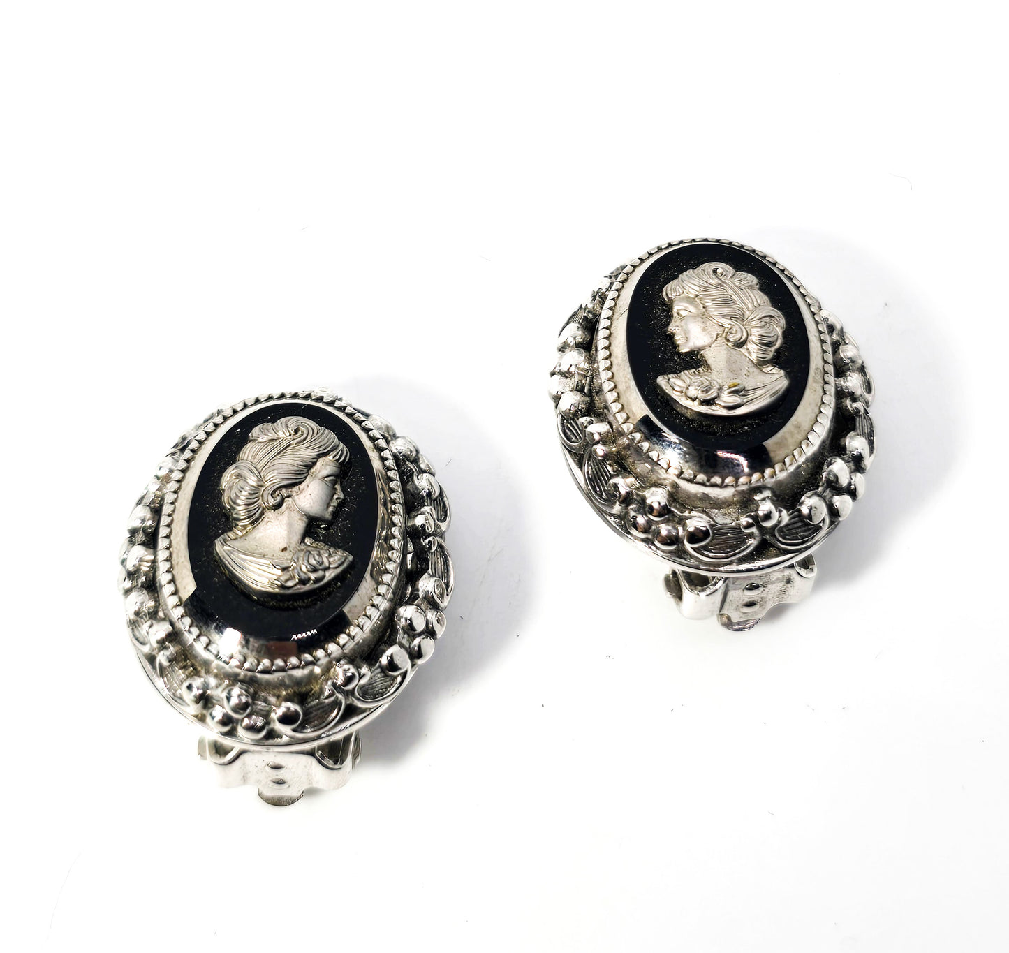 Whiting and Davis vintage signed cameo black and silver clip on earrings