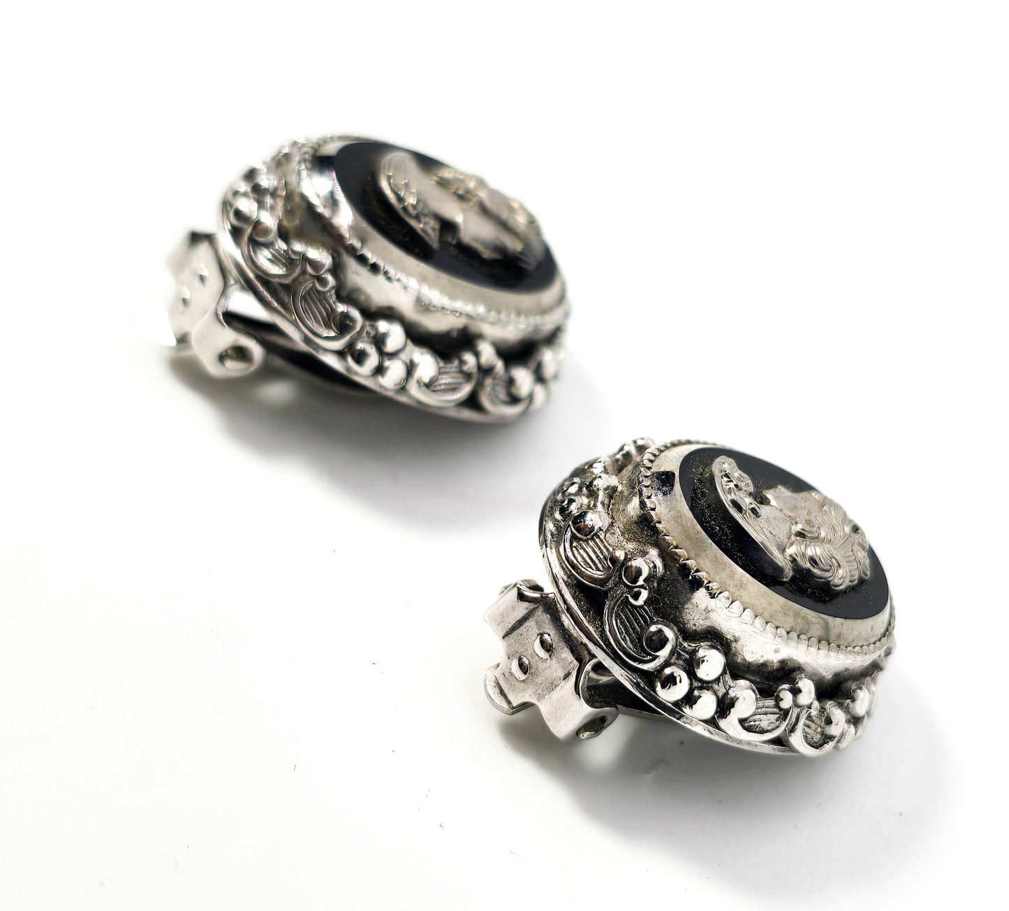 Whiting and Davis vintage signed cameo black and silver clip on earrings