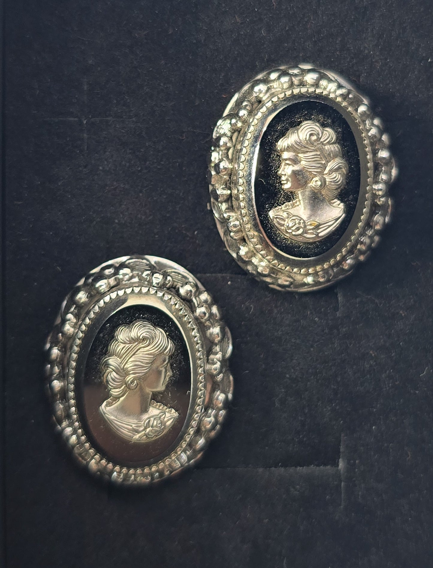 Whiting and Davis vintage signed cameo black and silver clip on earrings