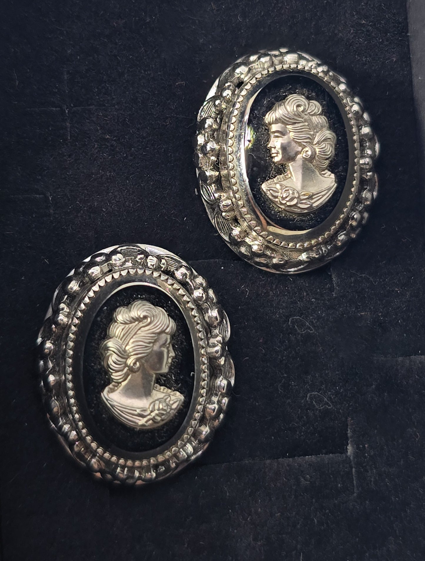 Whiting and Davis vintage signed cameo black and silver clip on earrings