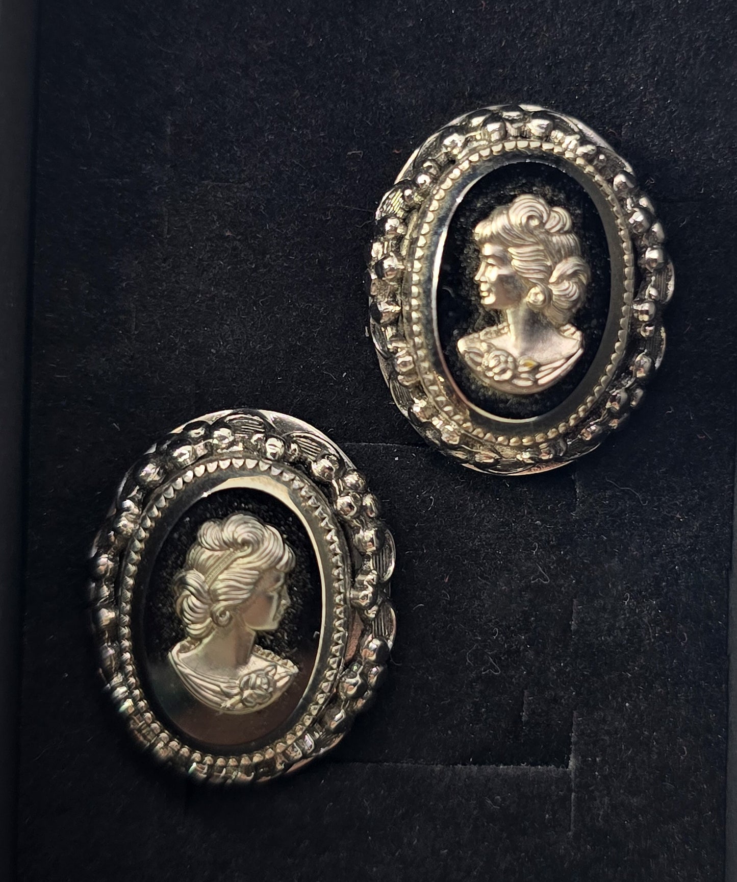 Whiting and Davis vintage signed cameo black and silver clip on earrings