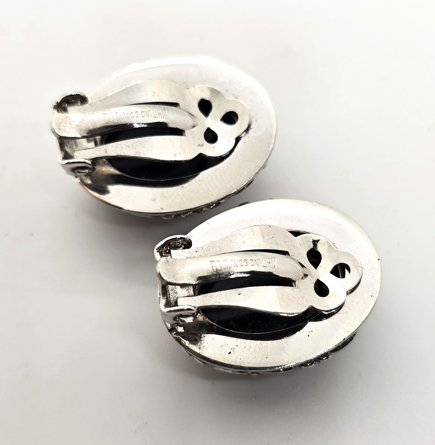 Whiting and Davis vintage signed cameo black and silver clip on earrings