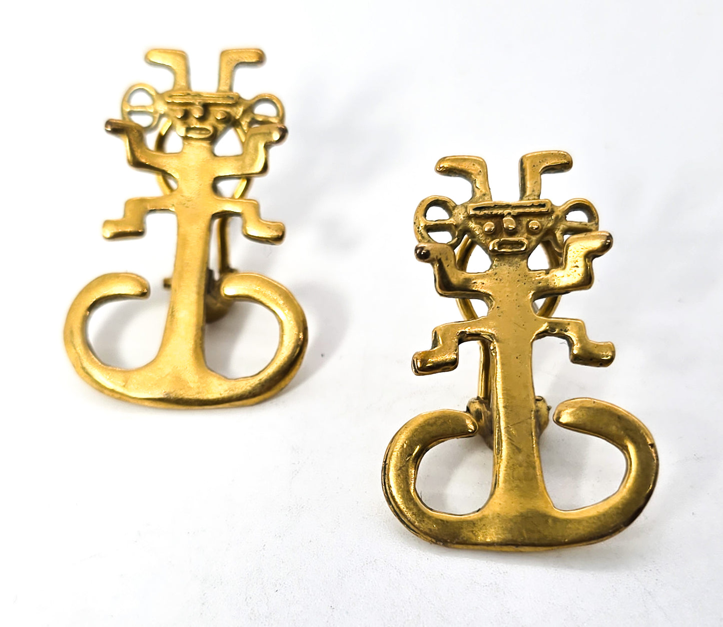 Tolima Anthropomorphic feline signed brass Pre-Columbian vintage earrings
