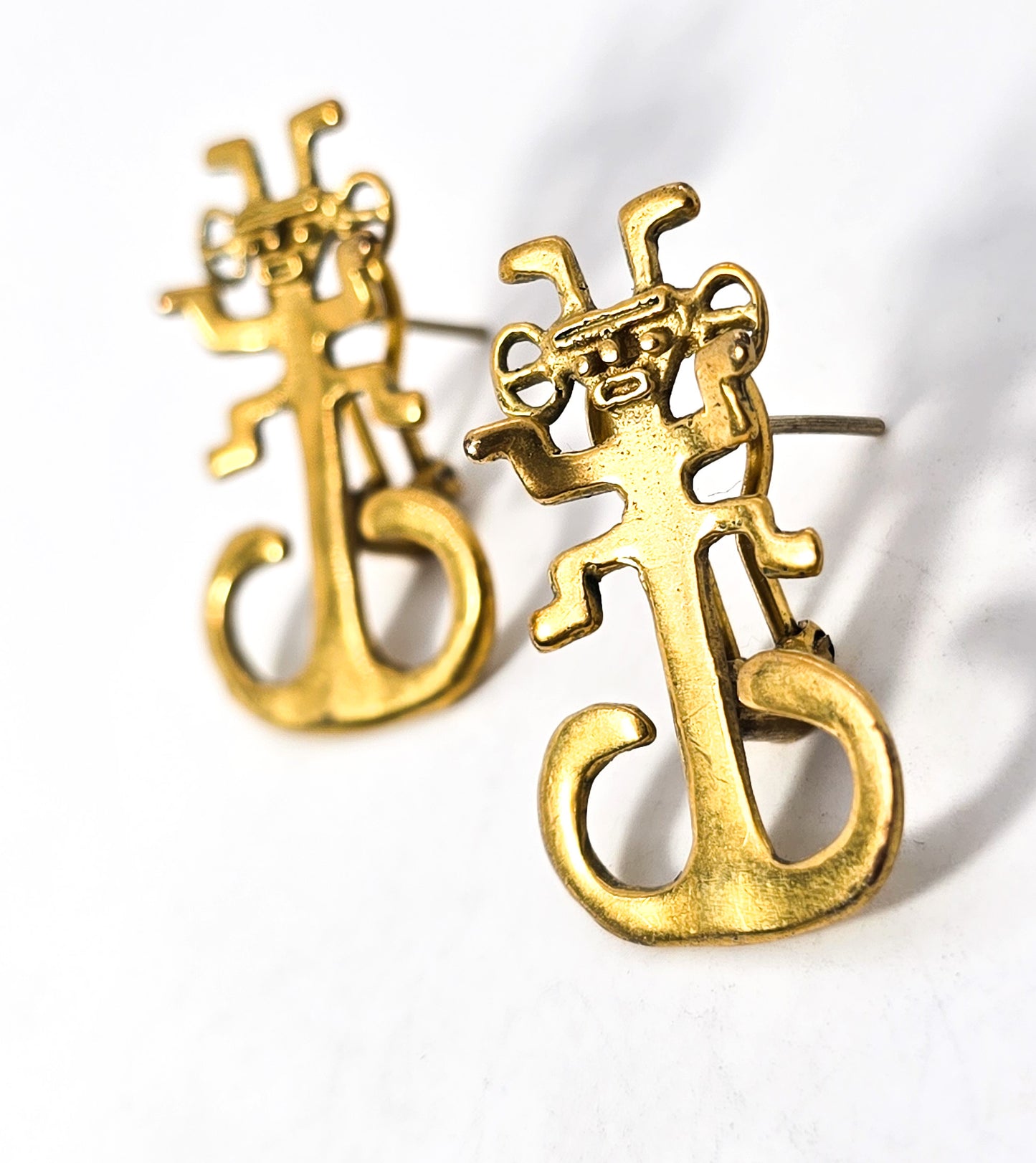 Tolima Anthropomorphic feline signed brass Pre-Columbian vintage earrings