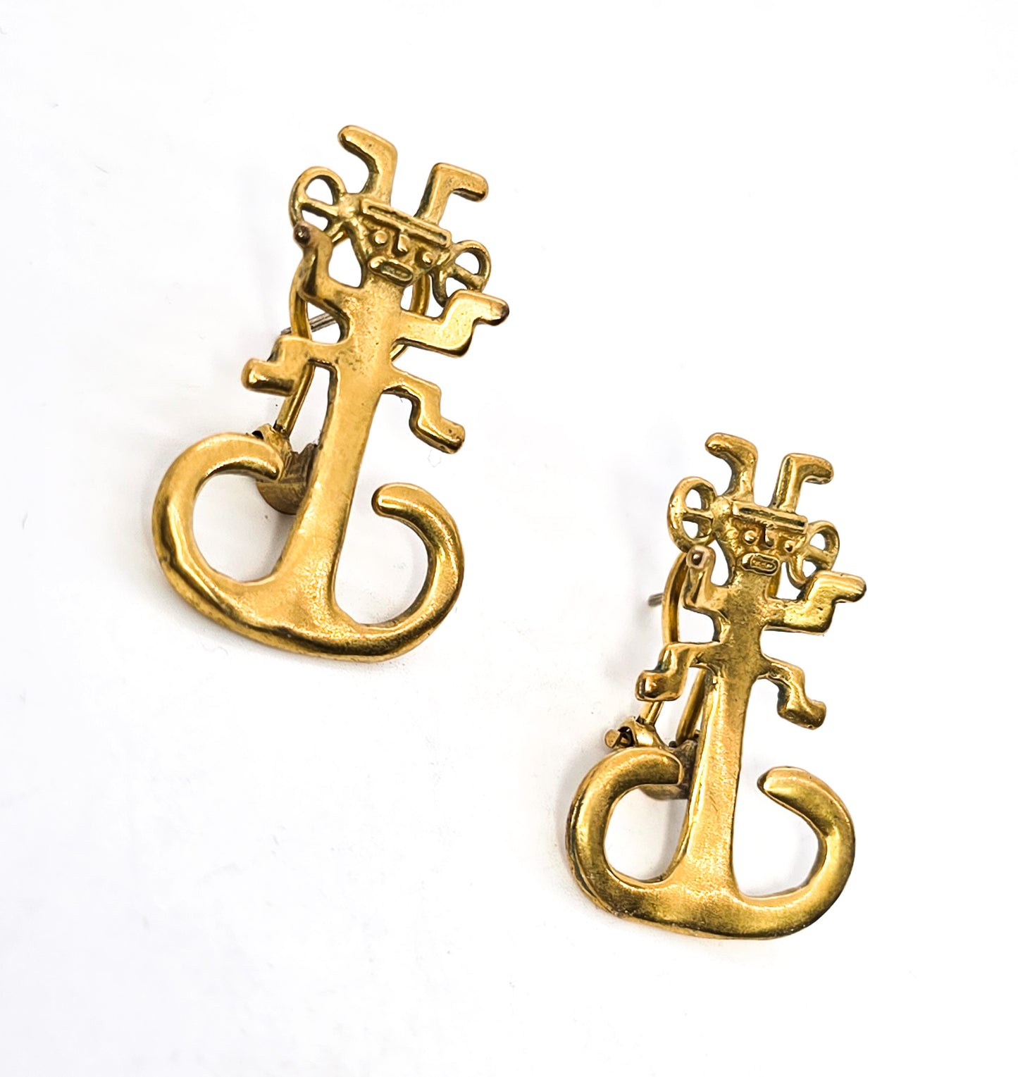 Tolima Anthropomorphic feline signed brass Pre-Columbian vintage earrings