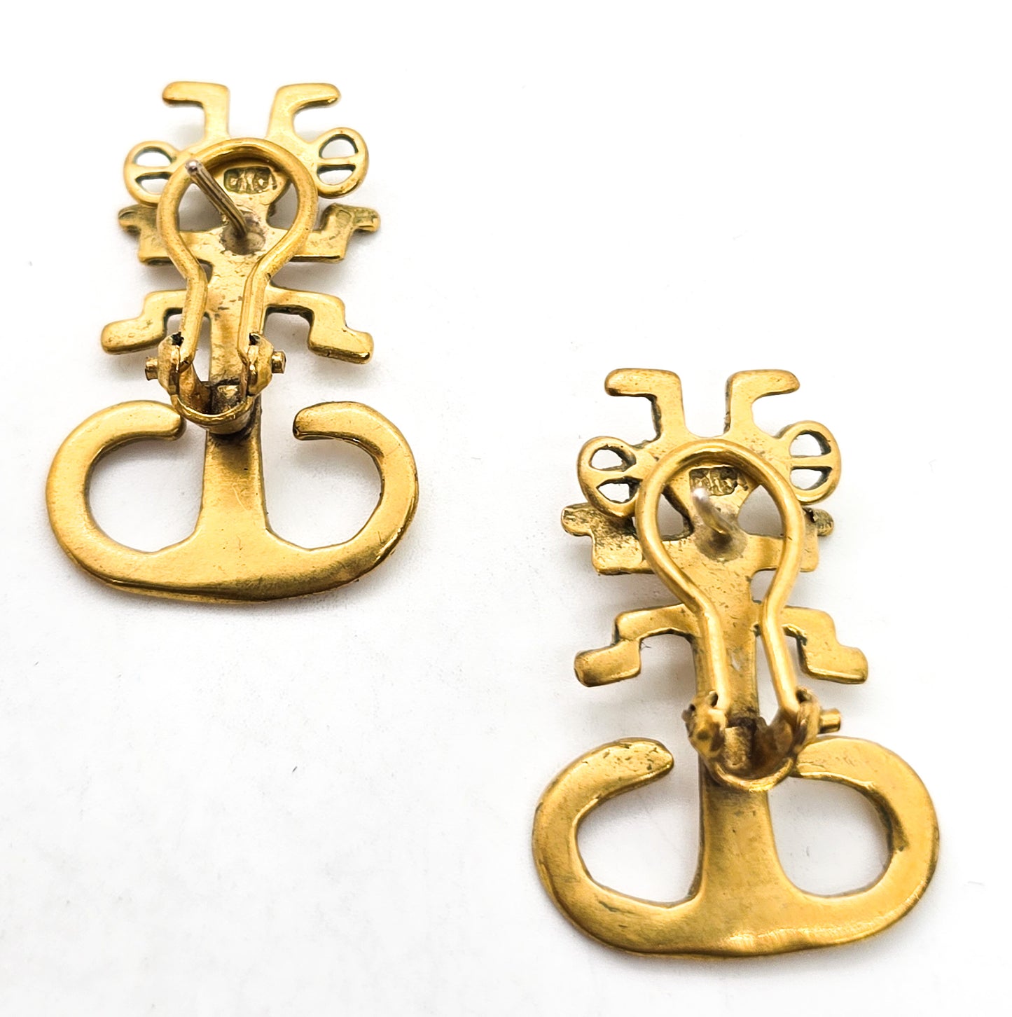 Tolima Anthropomorphic feline signed brass Pre-Columbian vintage earrings