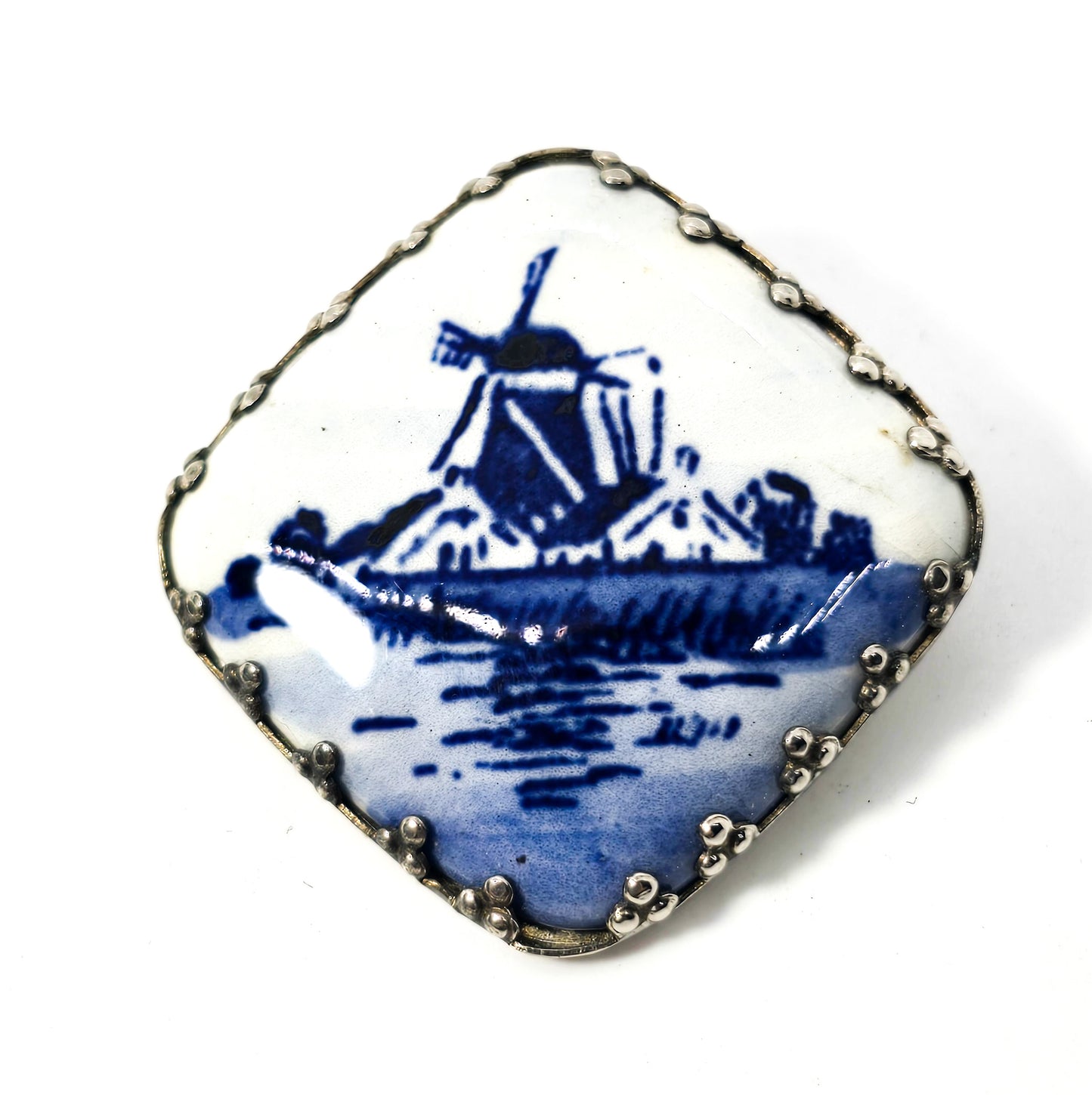 Dutch Delft Blue Porcelain enamel windmill vintage sterling silver Brooch