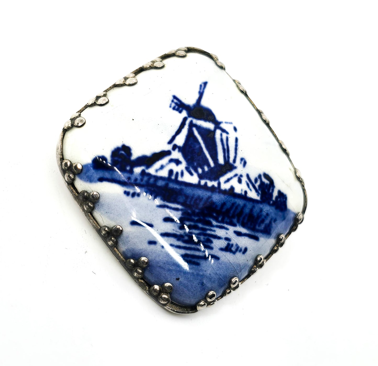Dutch Delft Blue Porcelain enamel windmill vintage sterling silver Brooch