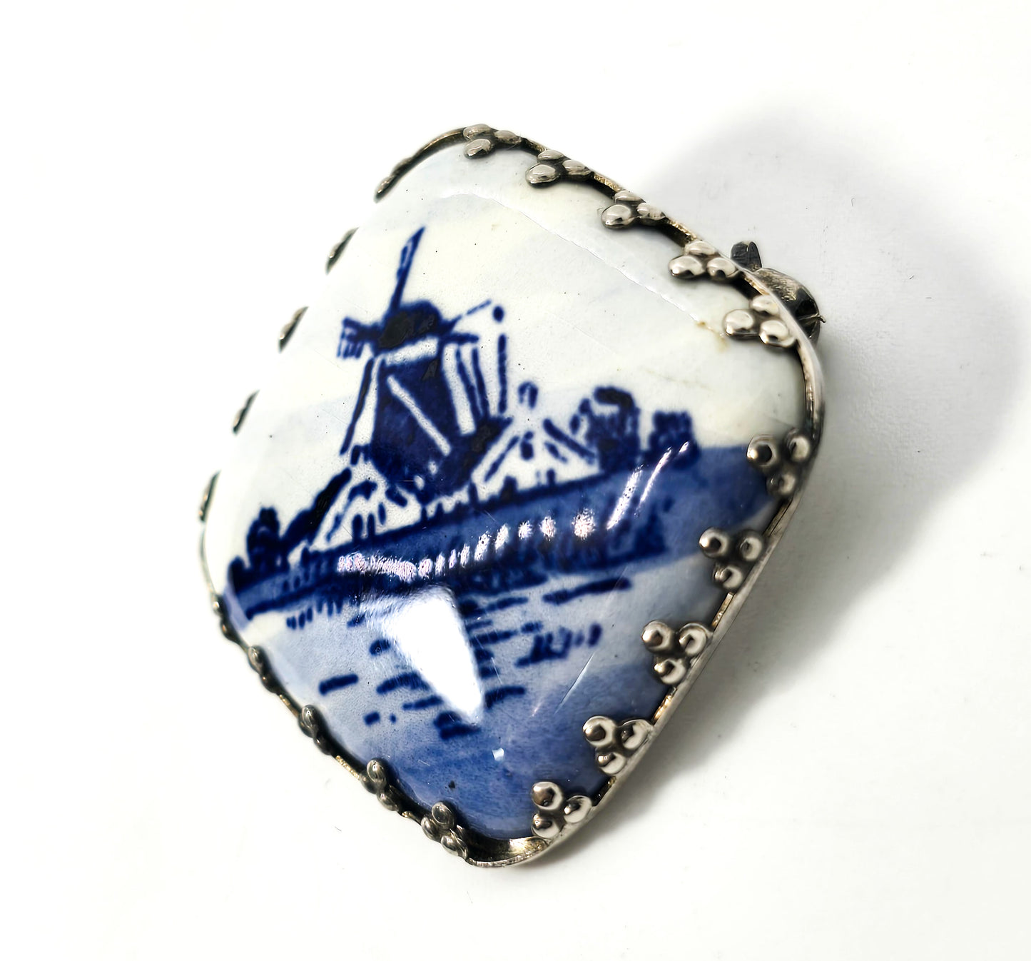Dutch Delft Blue Porcelain enamel windmill vintage sterling silver Brooch