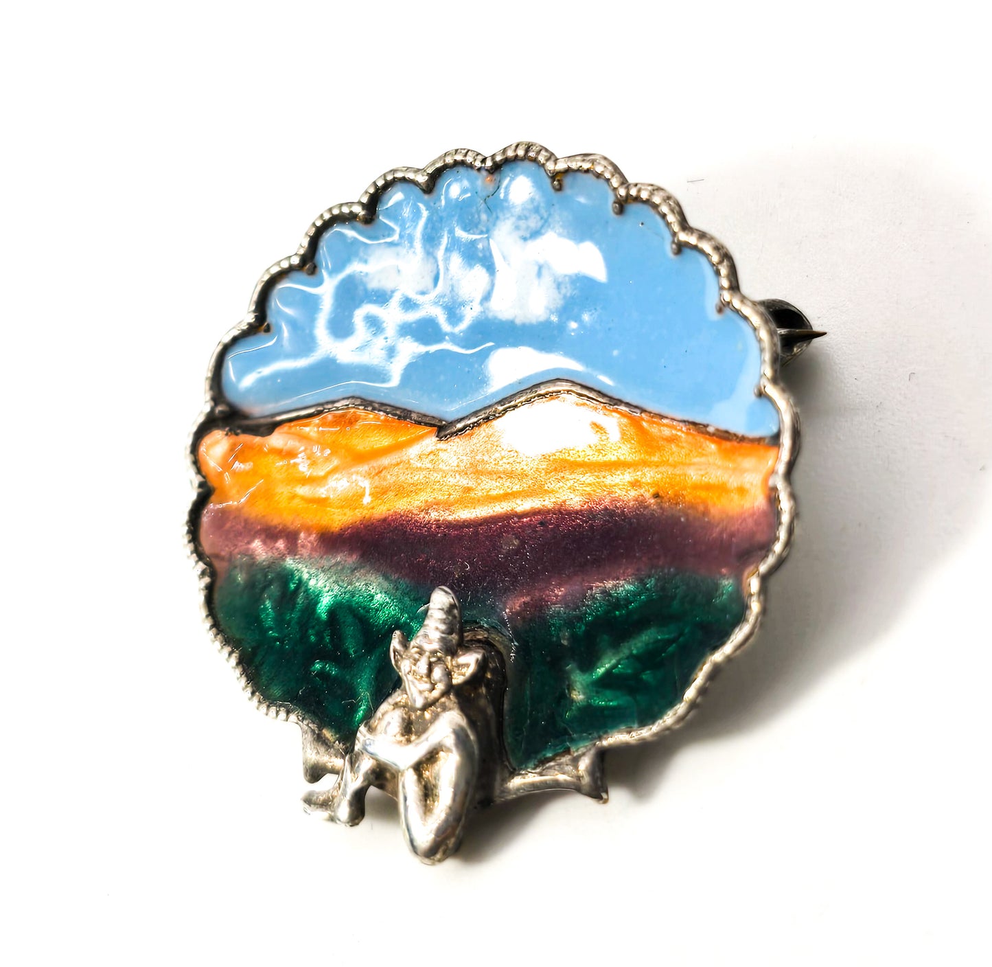 Lucky Cornish Pixie Elf Scallop enamel sterling silver Mountain Brooch