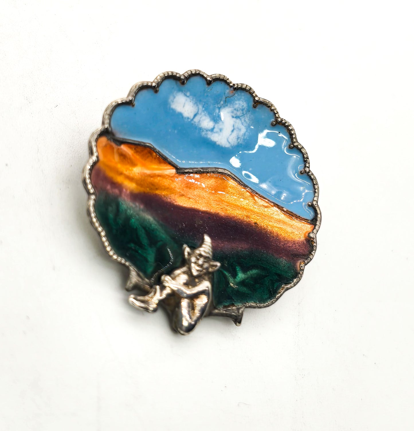 Lucky Cornish Pixie Elf Scallop enamel sterling silver Mountain Brooch