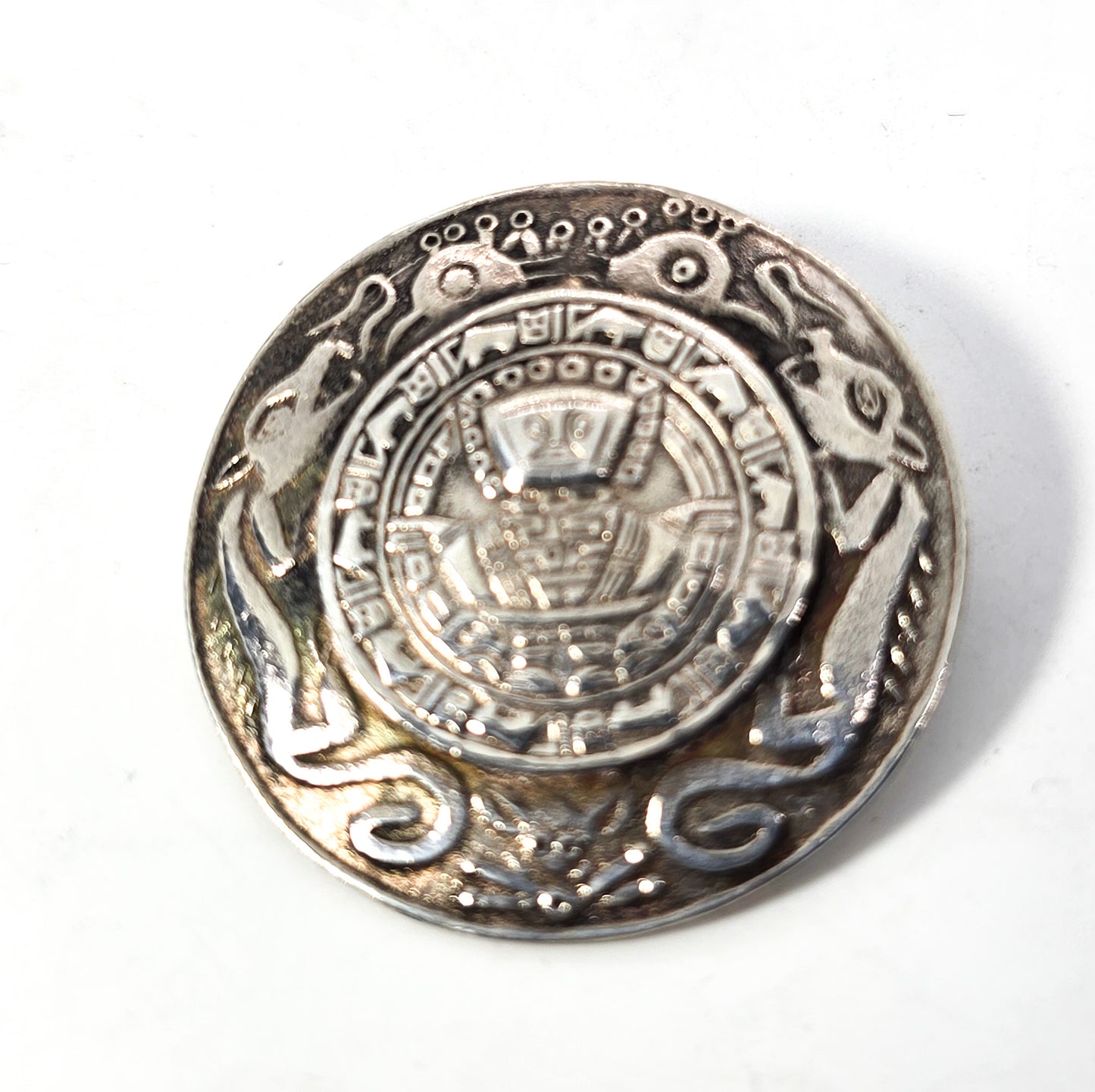 Double wolf Nazca Peru Incan vintage artisan FS sterling silver brooch