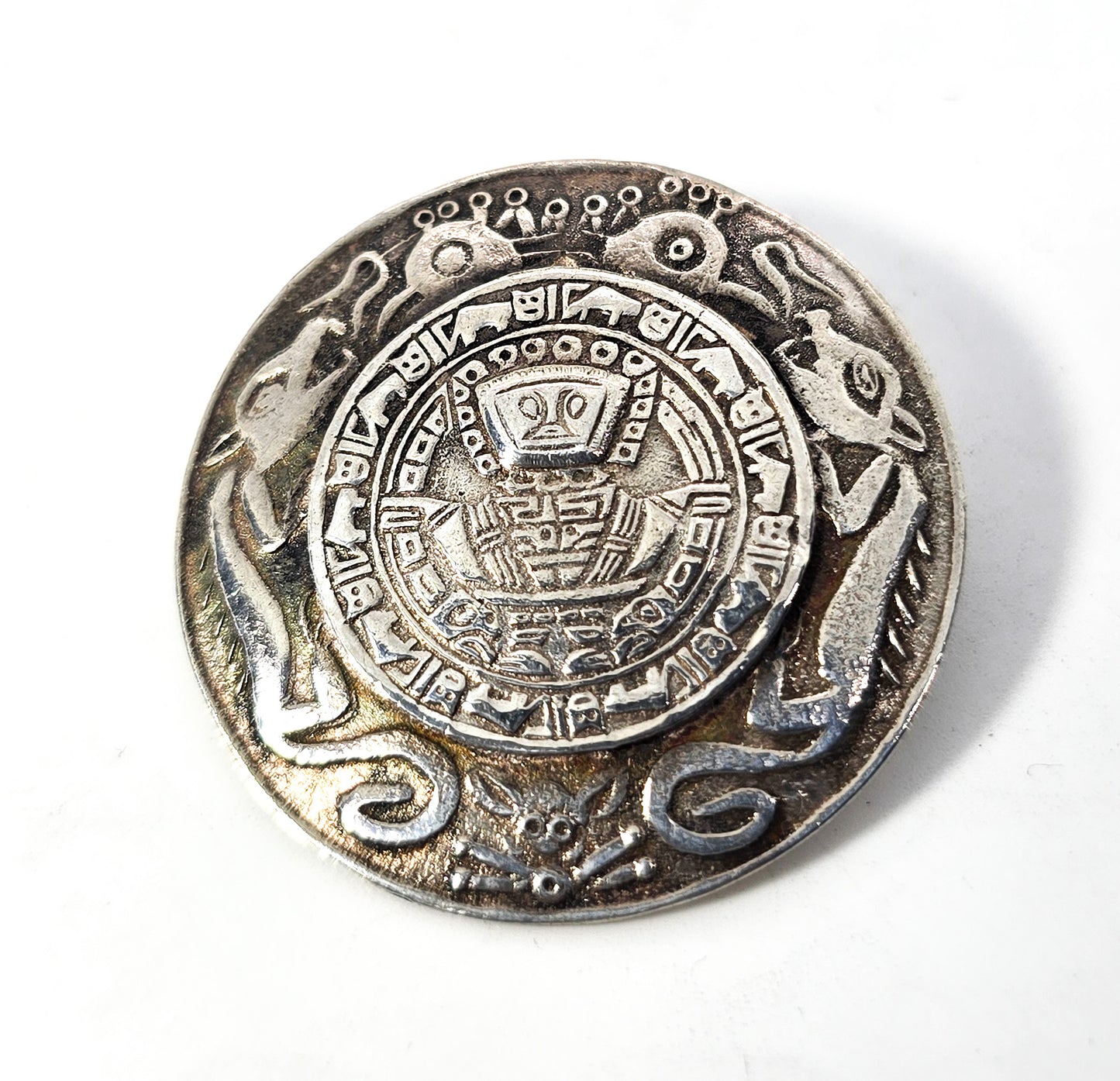 Double wolf Nazca Peru Incan vintage artisan FS sterling silver brooch