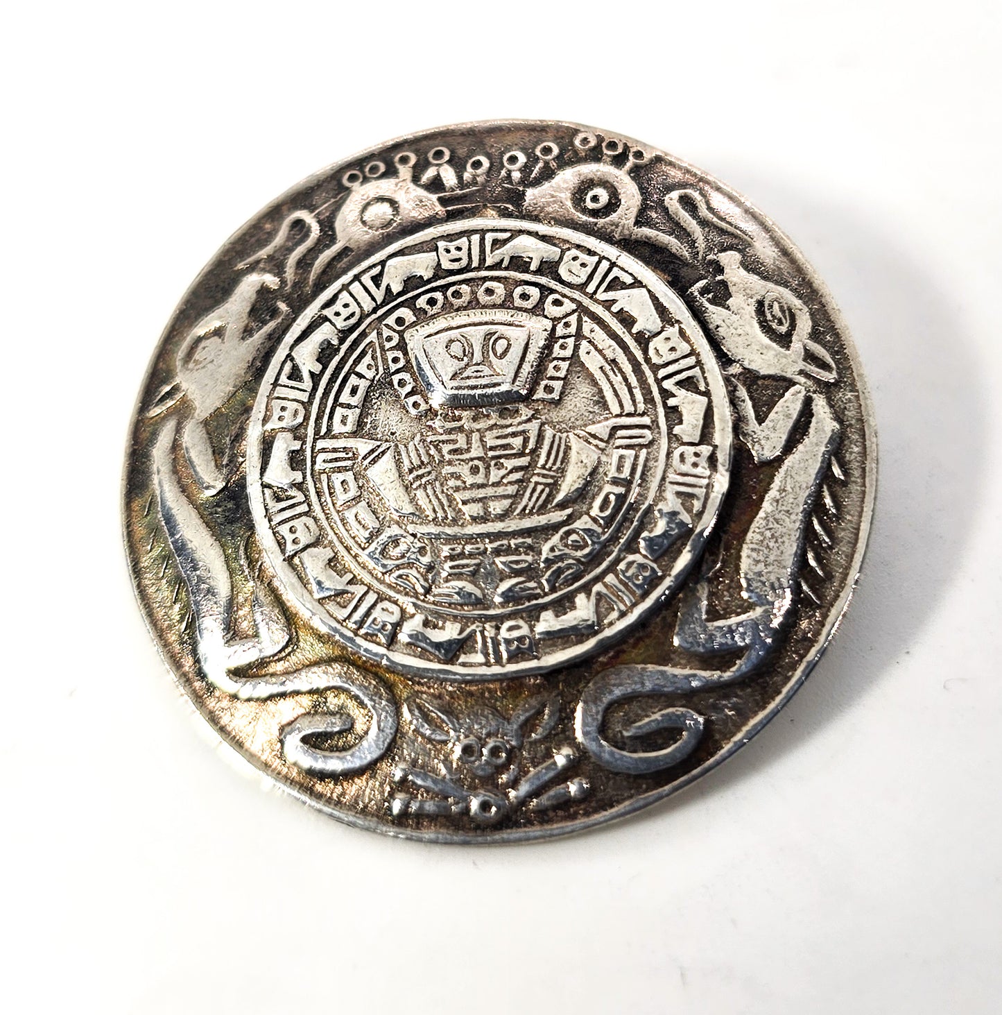 Double wolf Nazca Peru Incan vintage artisan FS sterling silver brooch