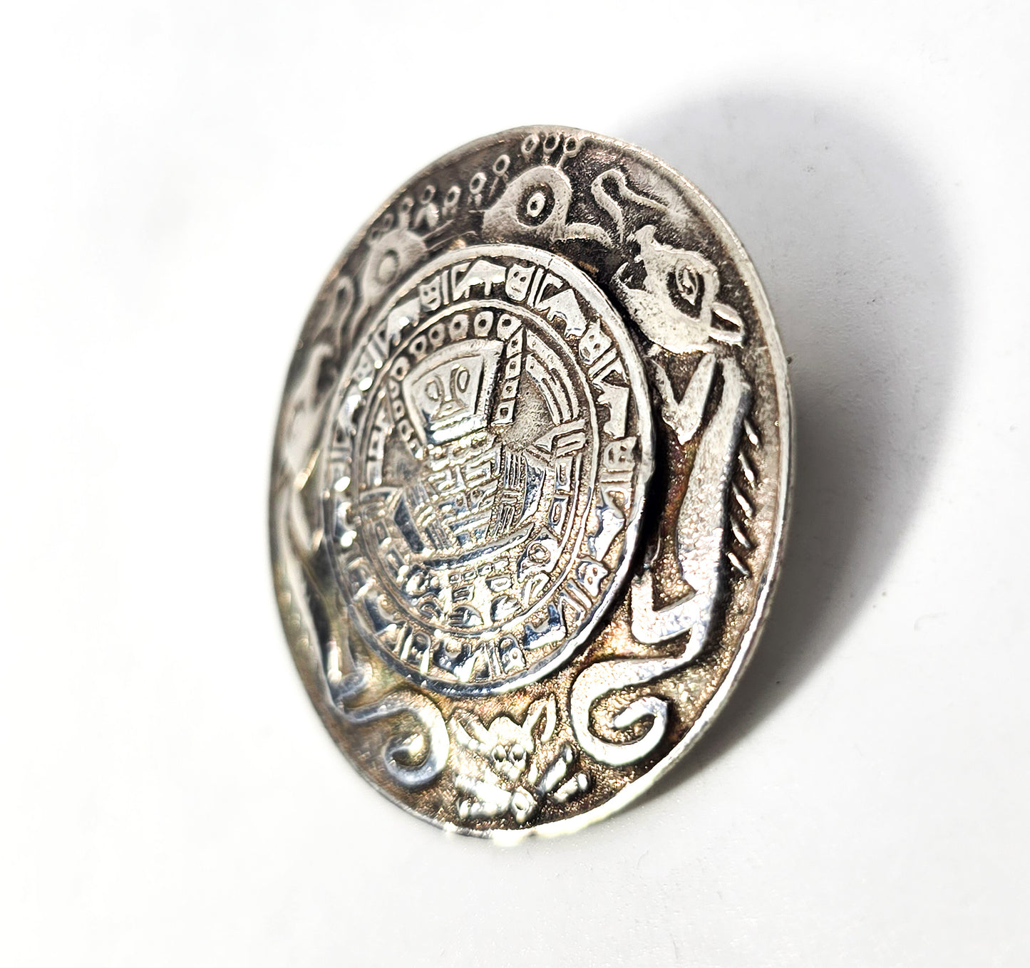 Double wolf Nazca Peru Incan vintage artisan FS sterling silver brooch