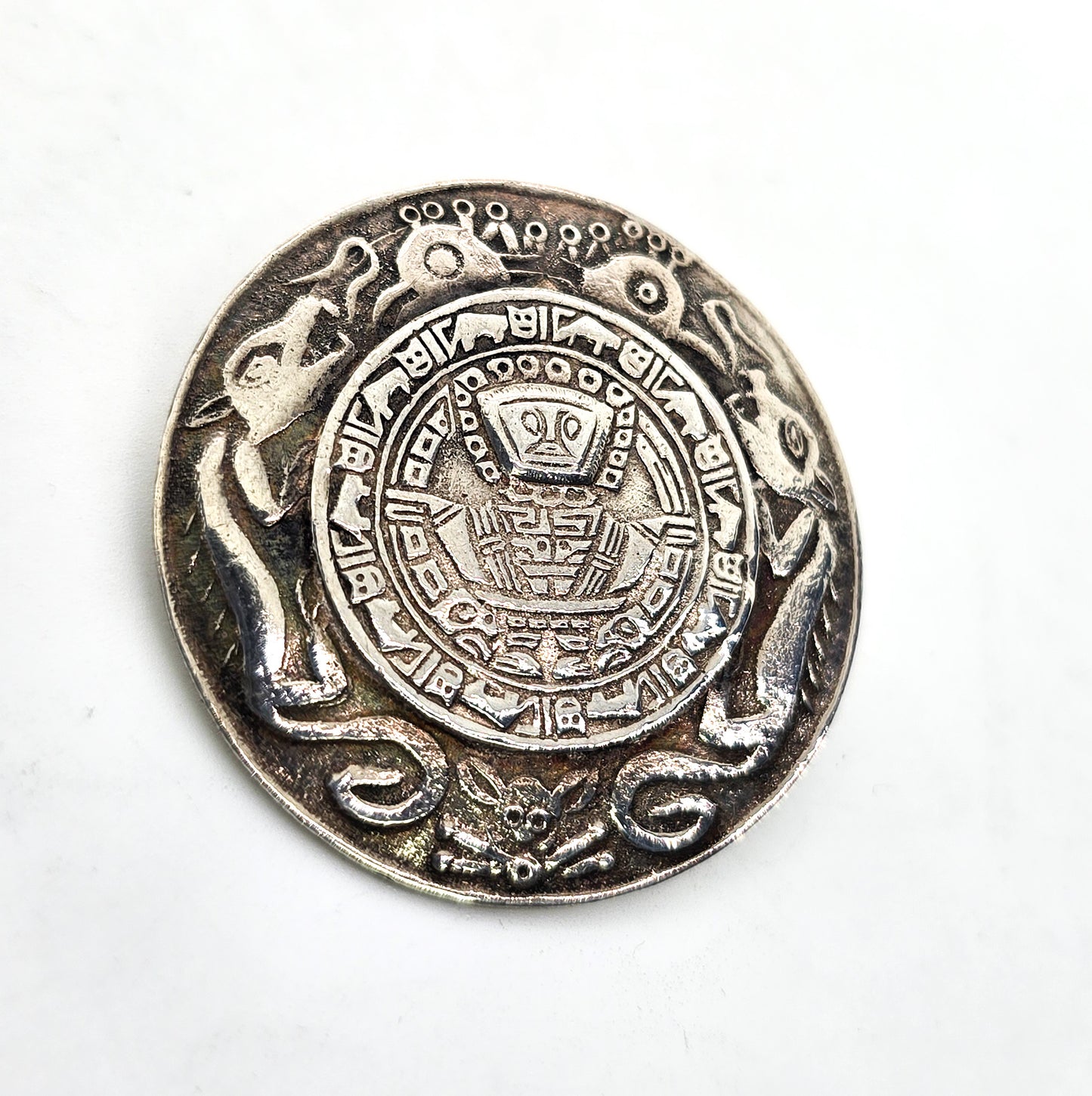 Double wolf Nazca Peru Incan vintage artisan FS sterling silver brooch
