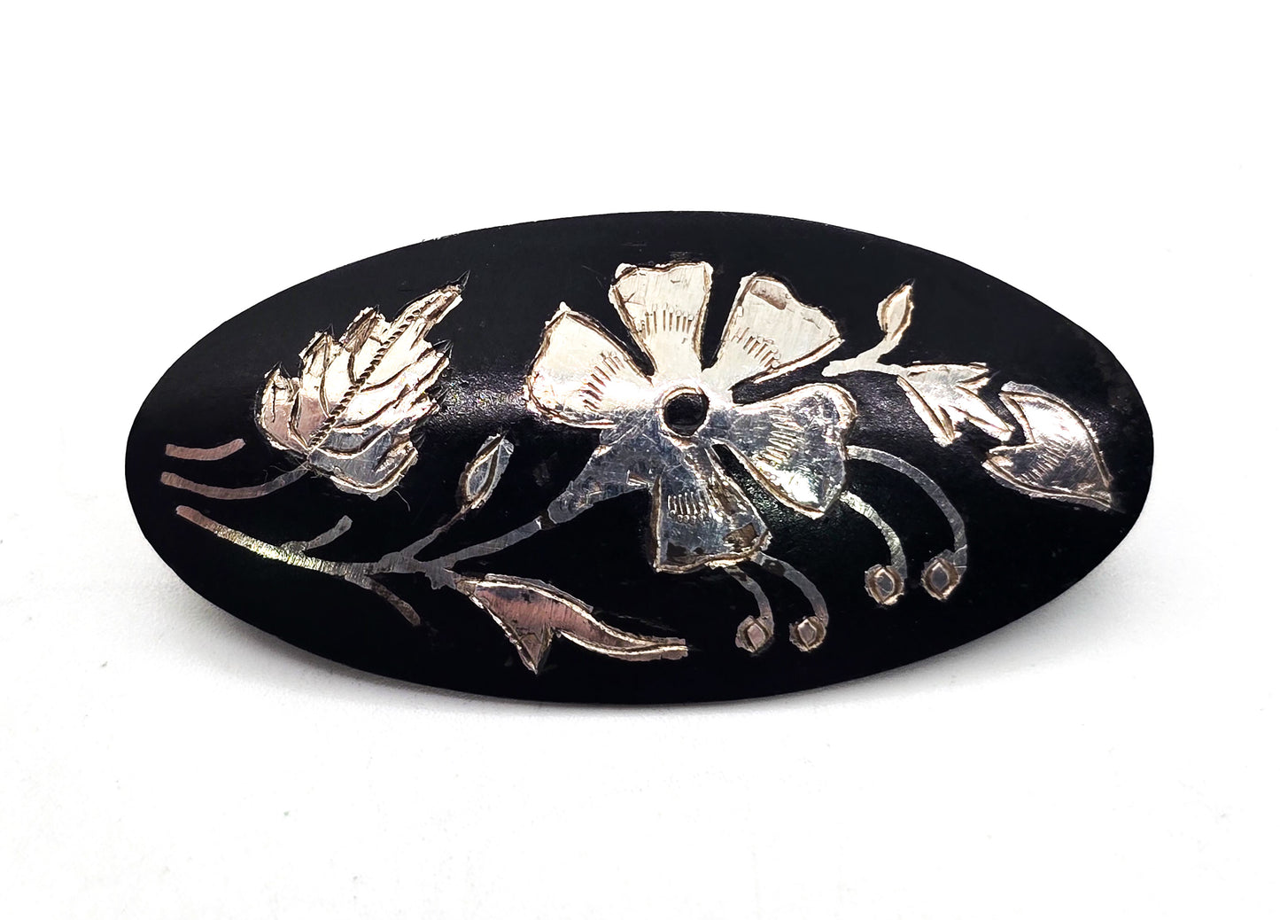 Antique Etched flower black and silver Mourning brooch