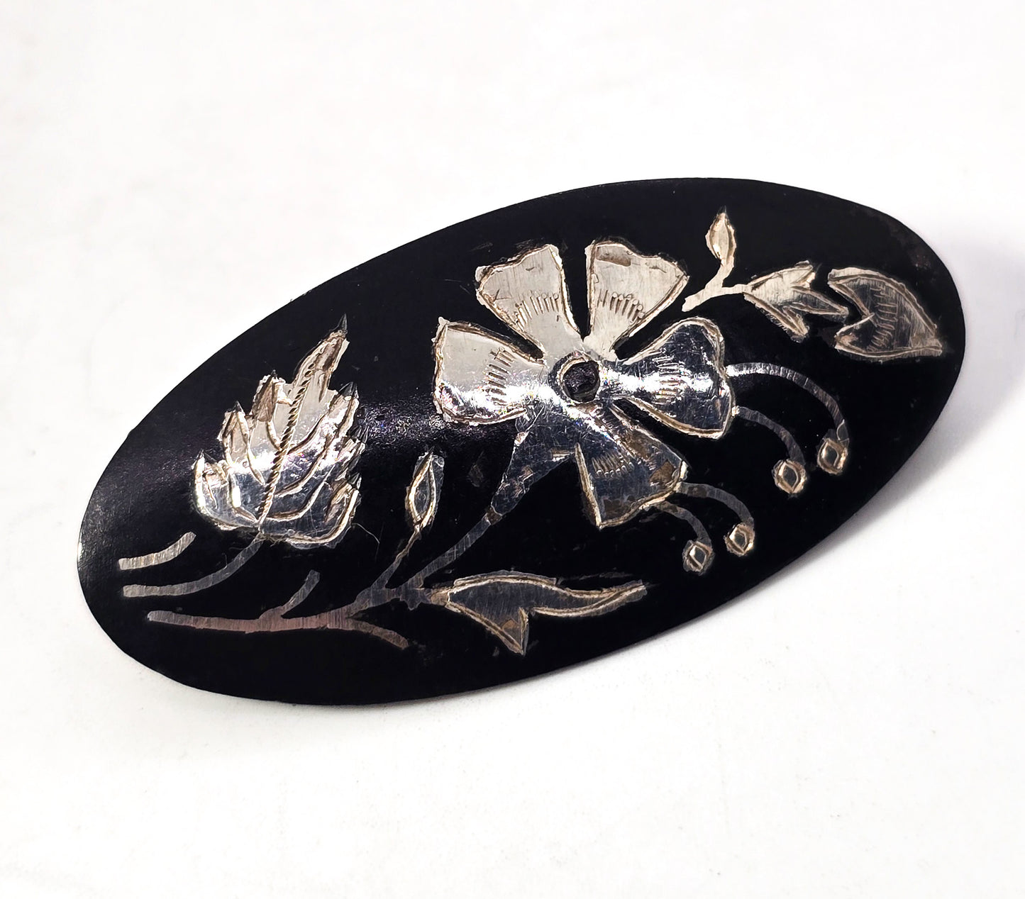 Antique Etched flower black and silver Mourning brooch