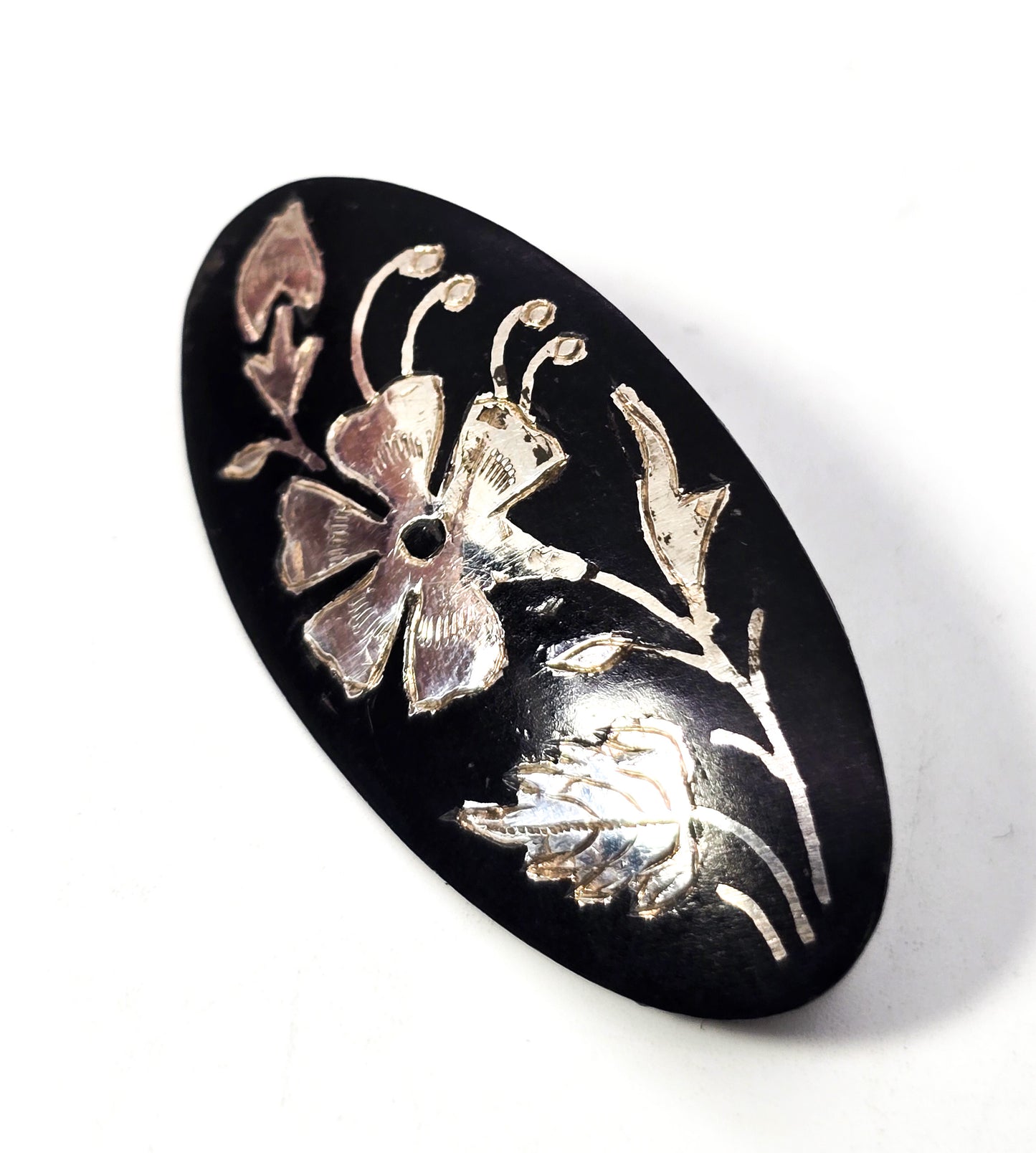 Antique Etched flower black and silver Mourning brooch
