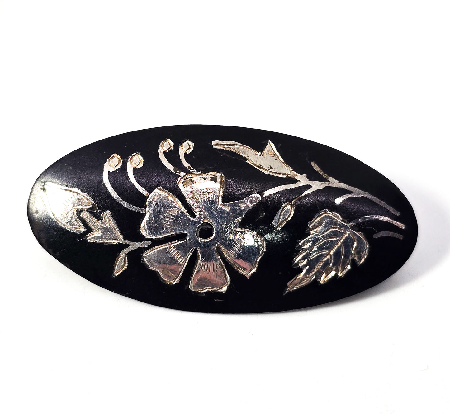 Antique Etched flower black and silver Mourning brooch
