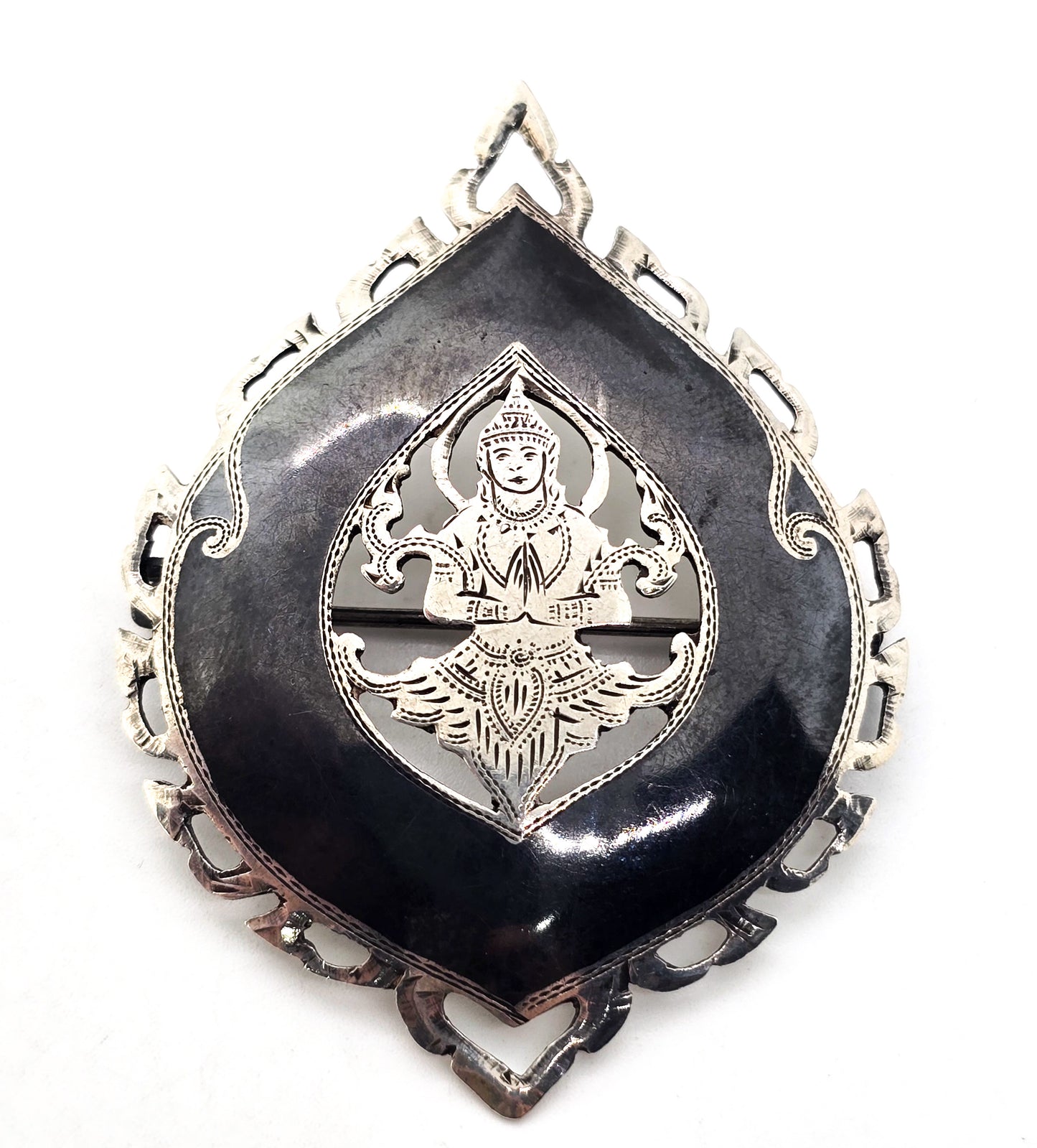 SYKHA Siam nielloware black sterling silver vintage flame brooch 925