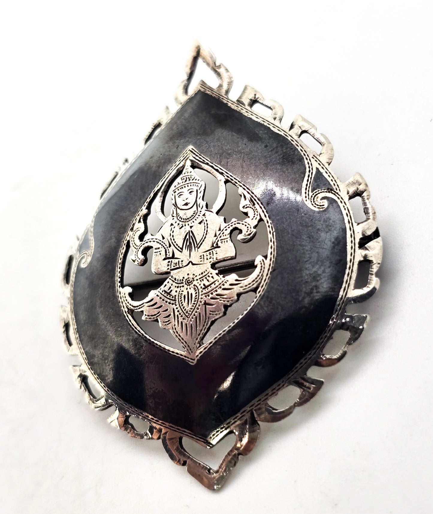 SYKHA Siam nielloware black sterling silver vintage flame brooch 925
