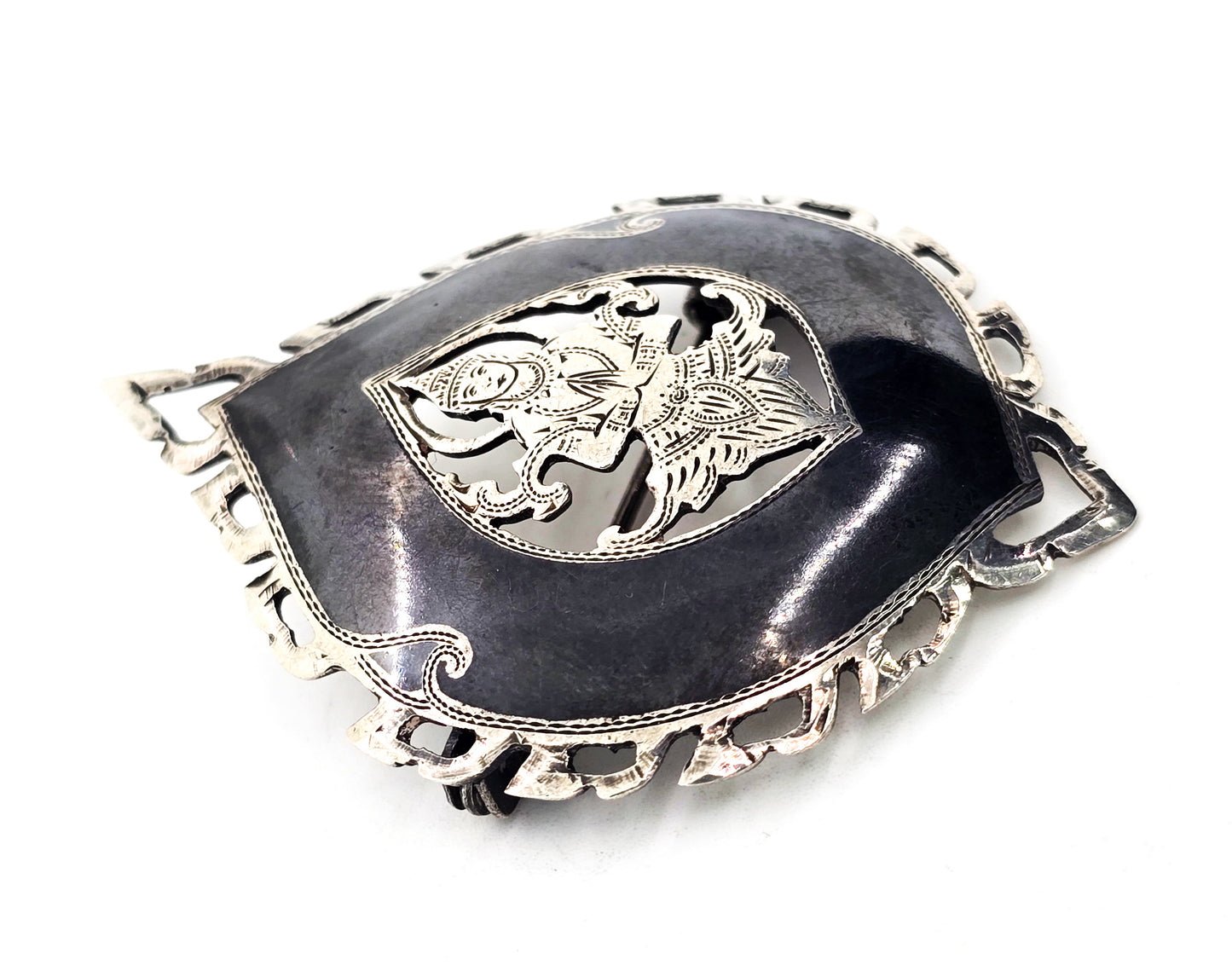SYKHA Siam nielloware black sterling silver vintage flame brooch 925