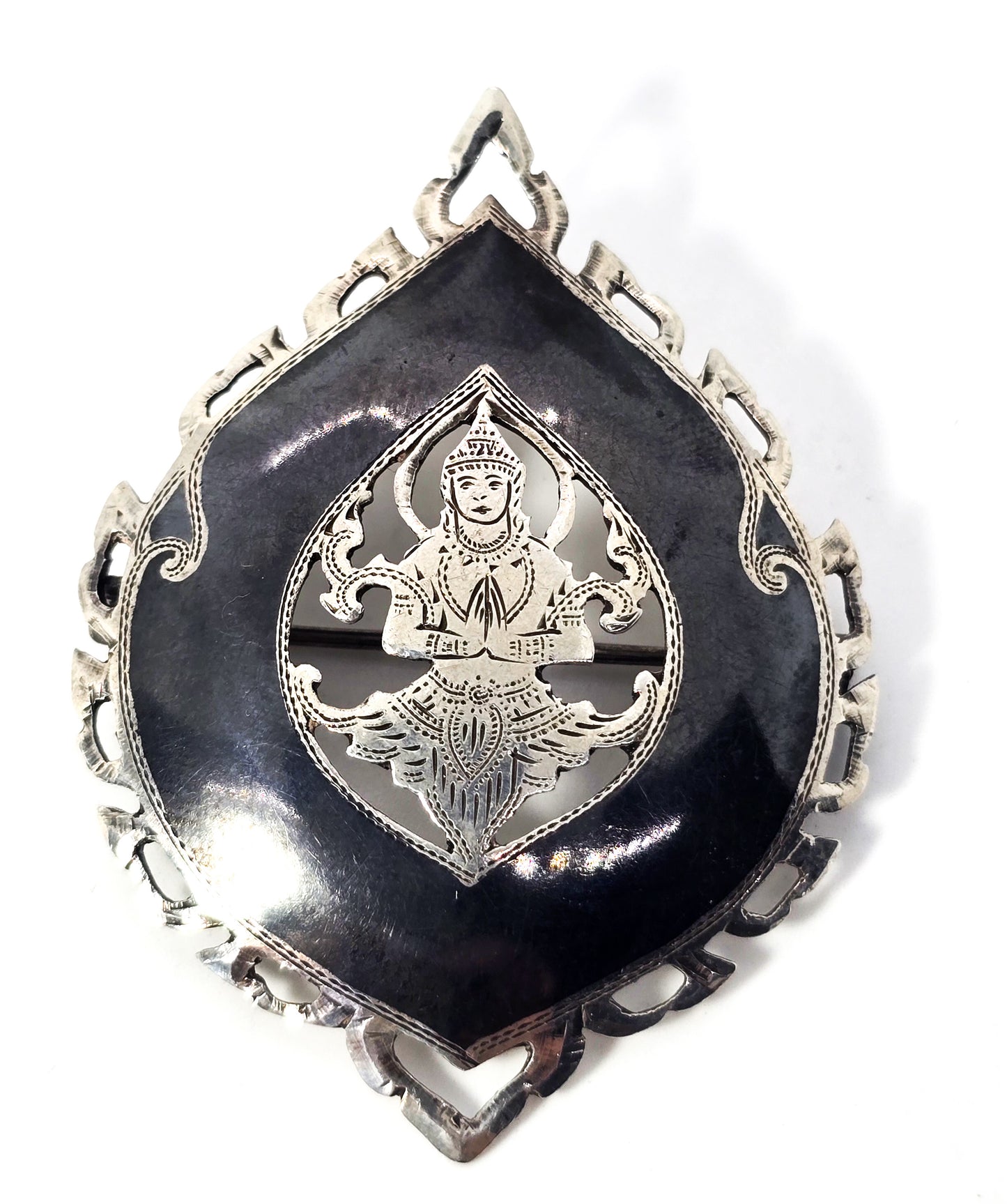 SYKHA Siam nielloware black sterling silver vintage flame brooch 925
