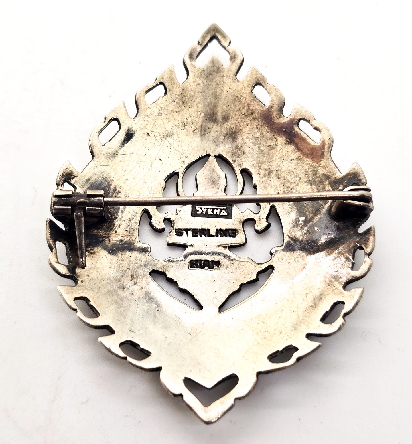 SYKHA Siam nielloware black sterling silver vintage flame brooch 925