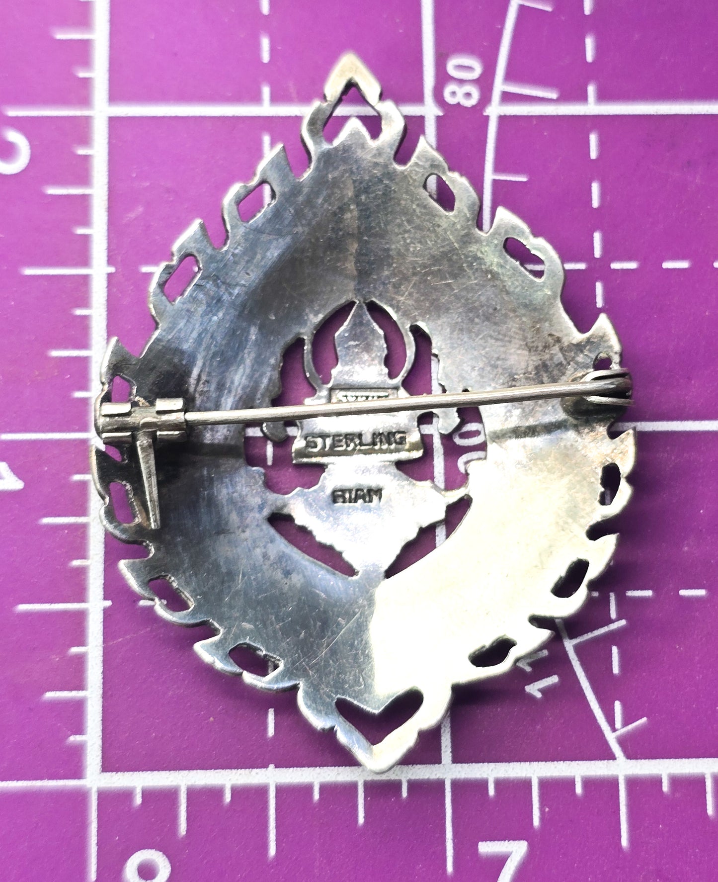 SYKHA Siam nielloware black sterling silver vintage flame brooch 925