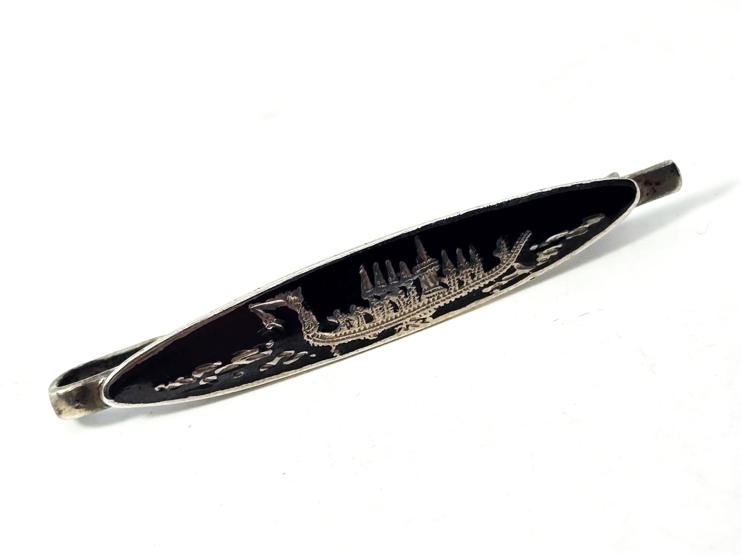 Siam Ancient ship nielloware black sterling silver vintage tie bar clip
