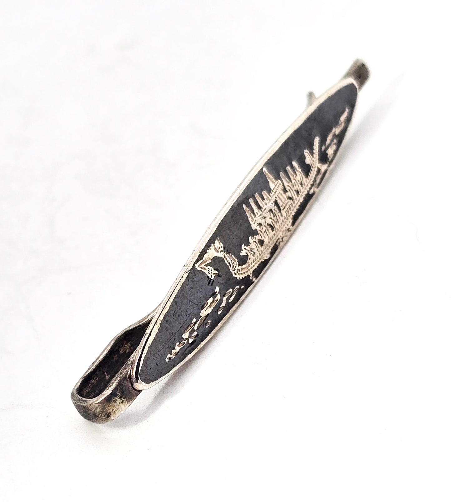 Siam Ancient ship nielloware black sterling silver vintage tie bar clip