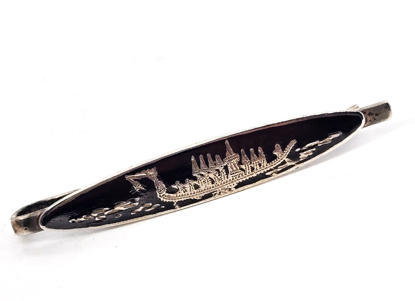 Siam Ancient ship nielloware black sterling silver vintage tie bar clip