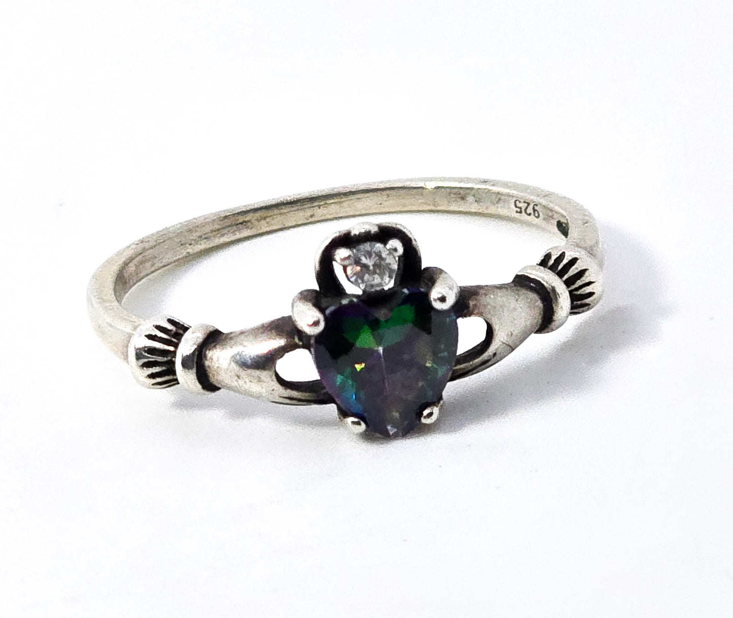 Claddagh mystic topaz heart Cubic zirconia Irish Druid sterling silver ring size 9