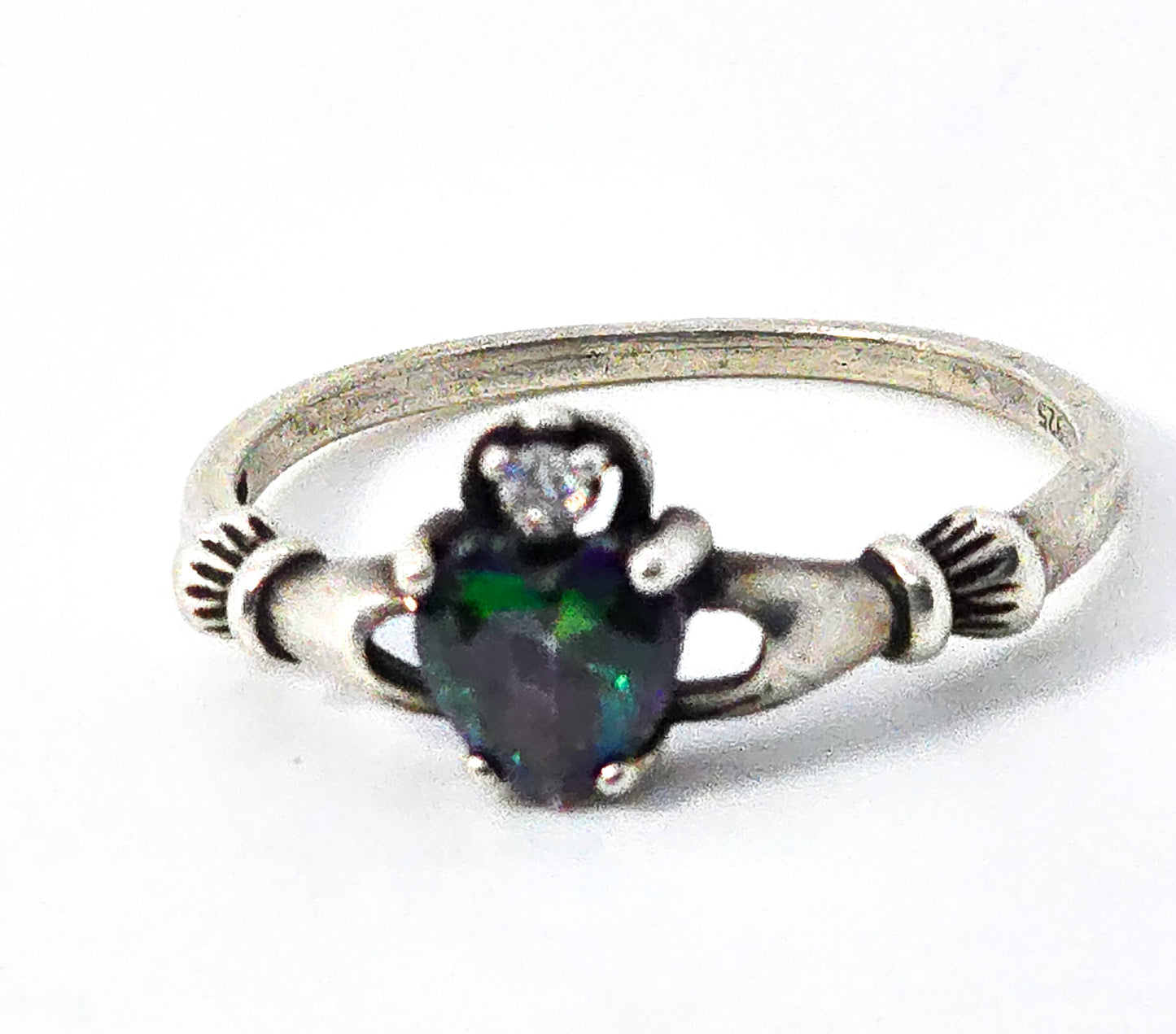 Claddagh mystic topaz heart Cubic zirconia Irish Druid sterling silver ring size 9