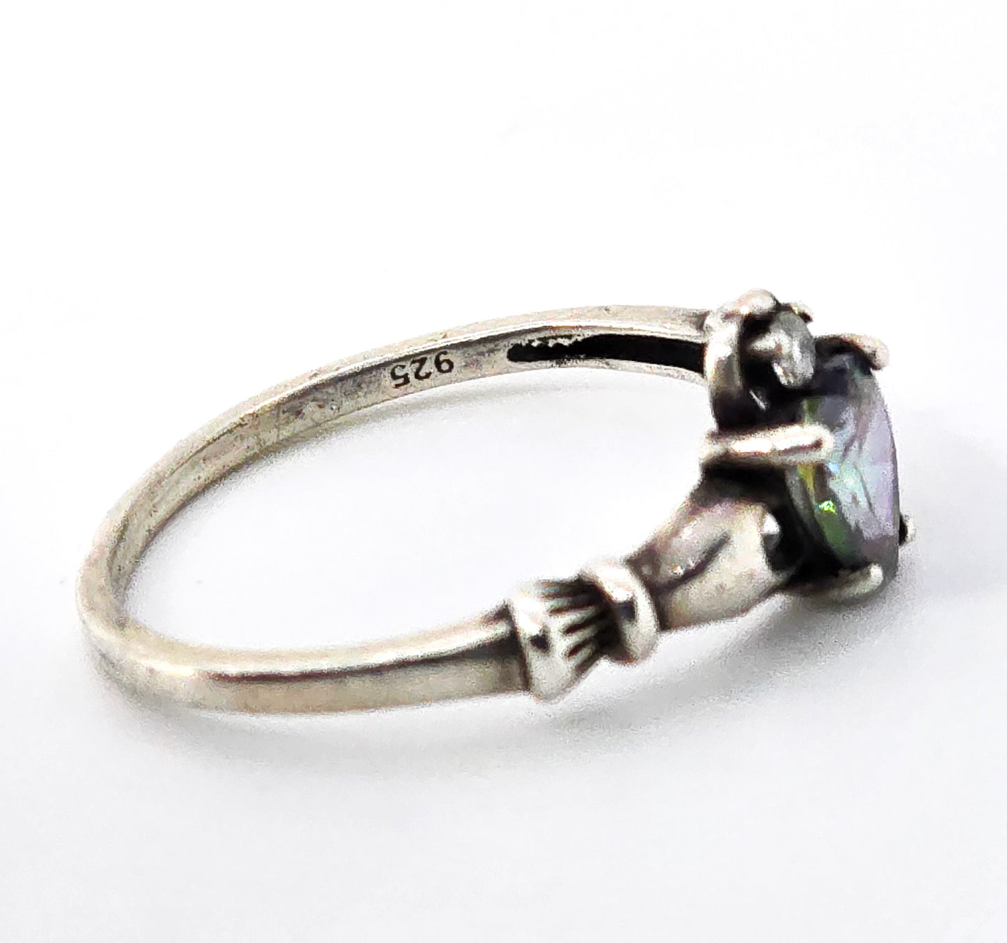 Claddagh mystic topaz heart Cubic zirconia Irish Druid sterling silver ring size 9