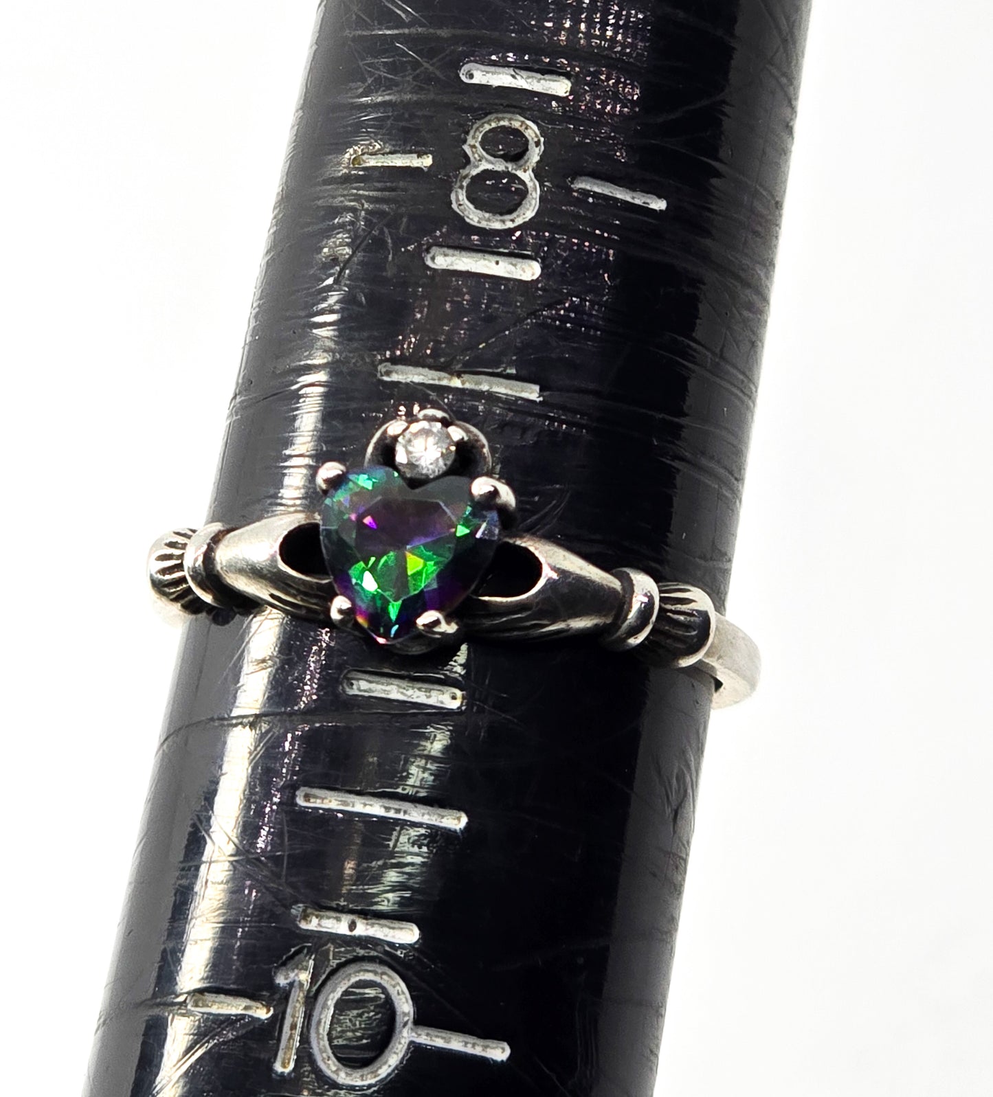 Claddagh mystic topaz heart Cubic zirconia Irish Druid sterling silver ring size 9