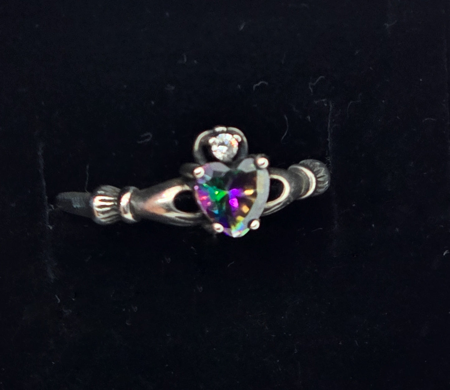 Claddagh mystic topaz heart Cubic zirconia Irish Druid sterling silver ring size 9