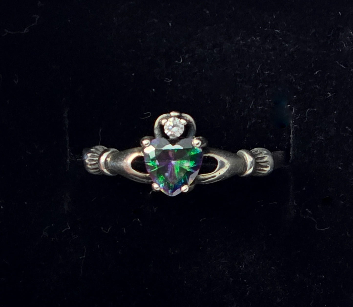 Claddagh mystic topaz heart Cubic zirconia Irish Druid sterling silver ring size 9